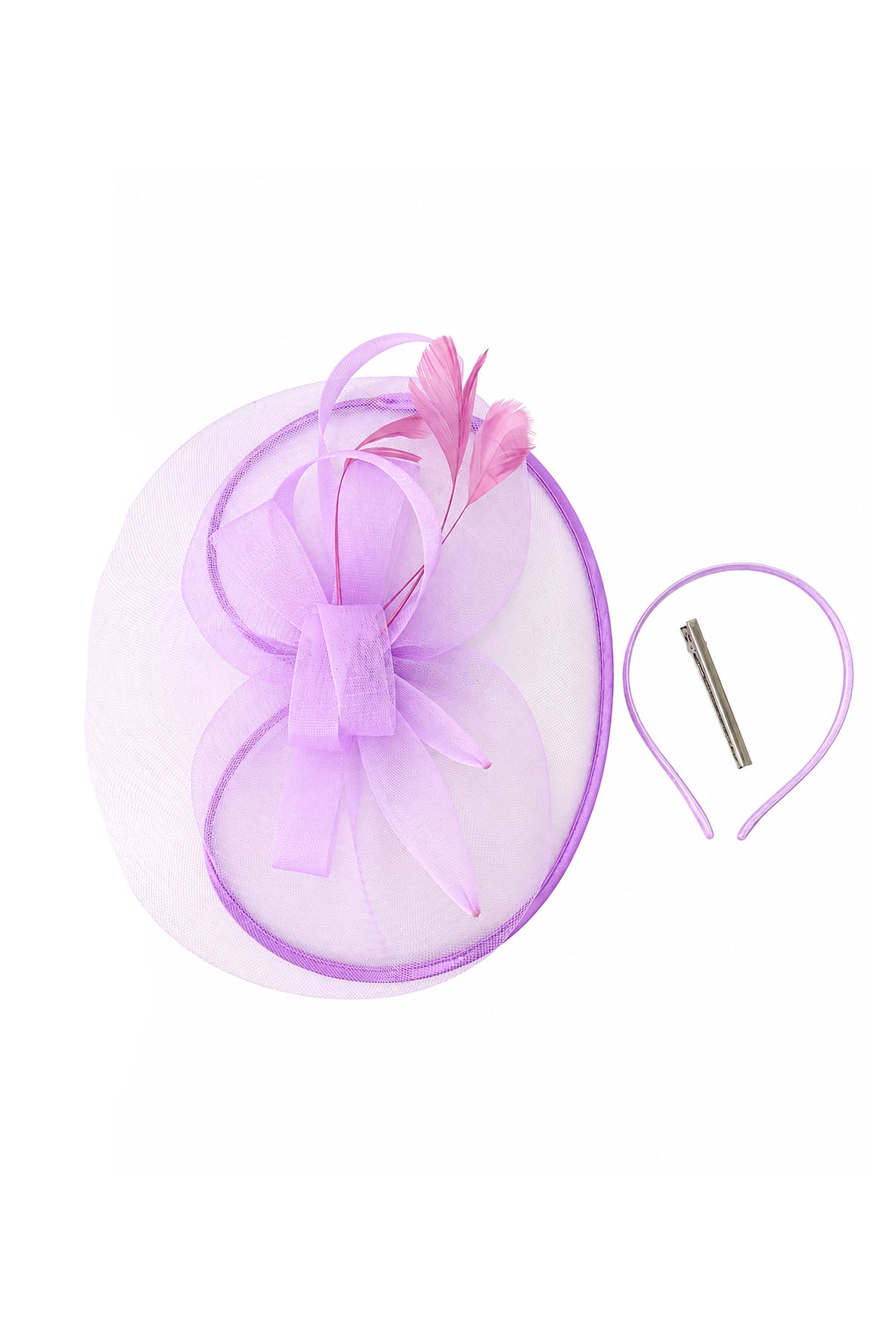 Women’s Mesh Disc Fascinator with Feather Trim, Loop Bow & Headband