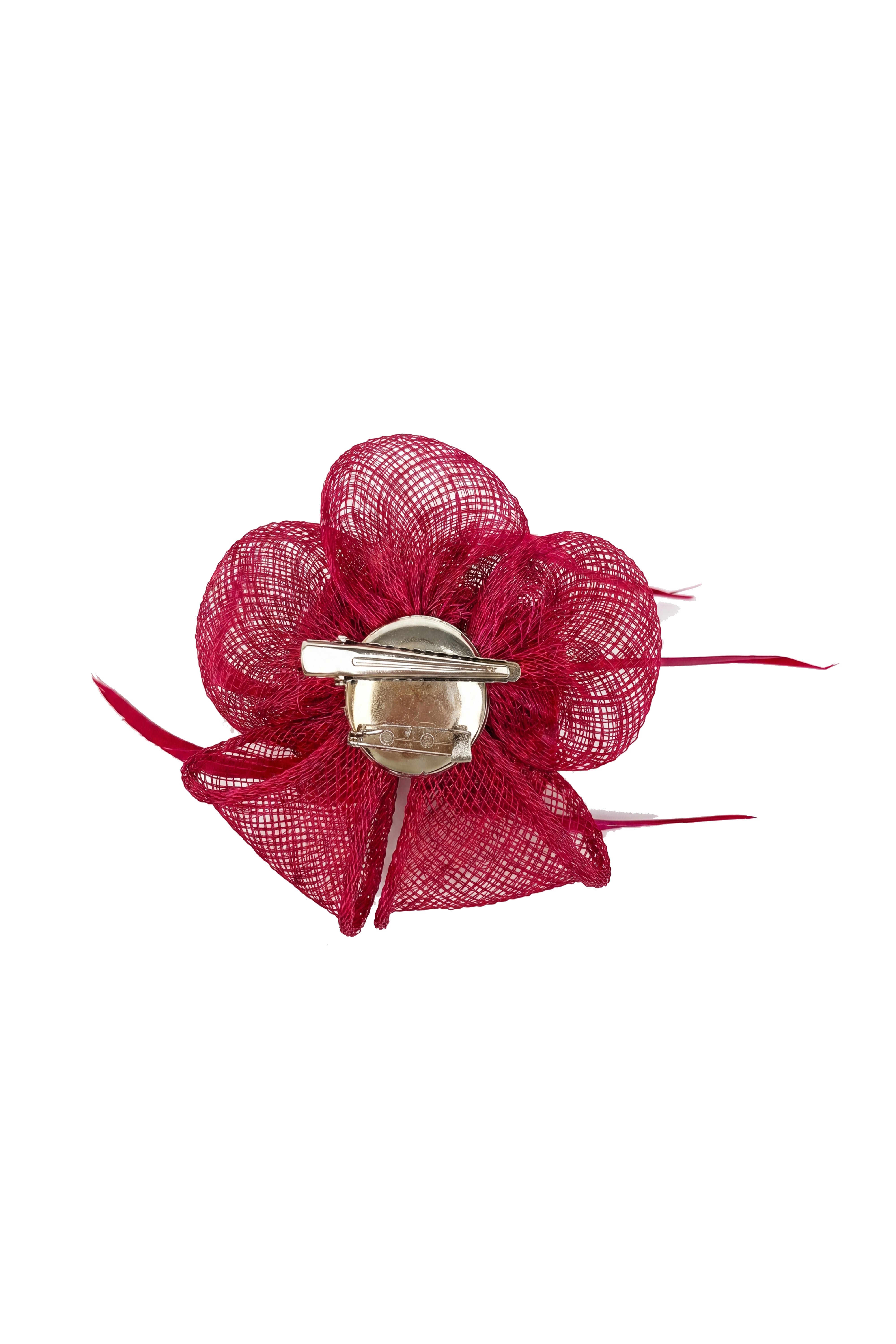 Small Sanity Flower Fascinator with Feather Trim – Dual Wear Brooch & Hair Clip