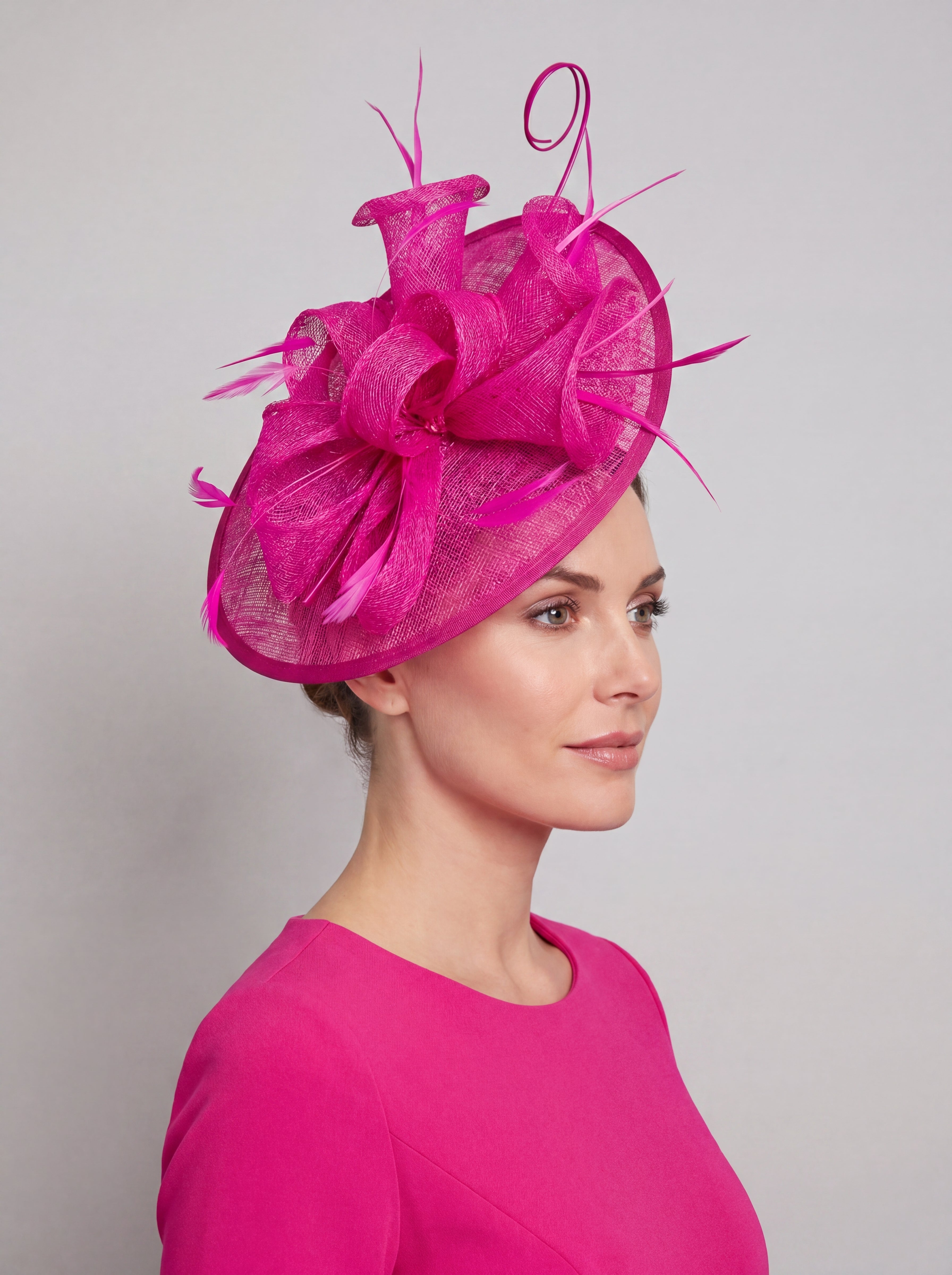 Statement Disc Fascinator with Petunia Flower and Feather Trim
