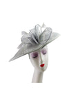 Mesh Disc Fascinator with Bow and Feather Detail Light Grey