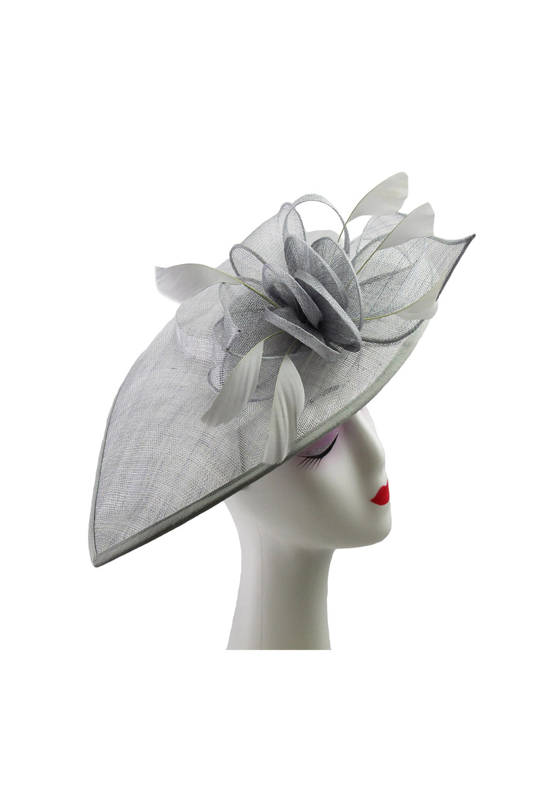 Mesh Disc Fascinator with Bow and Feather Detail Light Grey