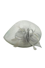 Mesh Disc Fascinator with Bow and Feather Detail Light Grey