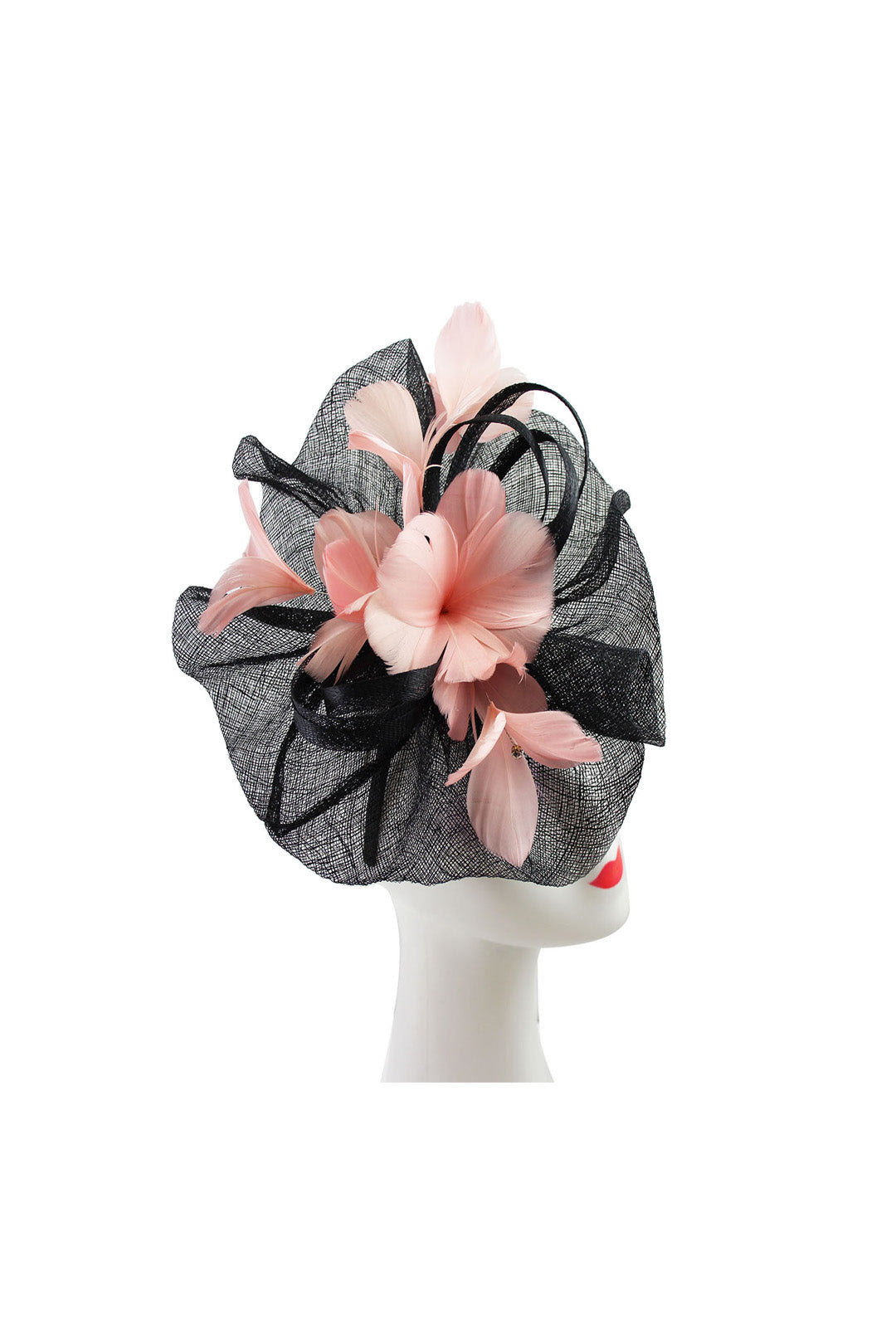 Mesh Fascinator with Feather Flower Detail Light Pink