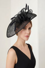 Mesh Disc Fascinator with Bow and Feather Detail