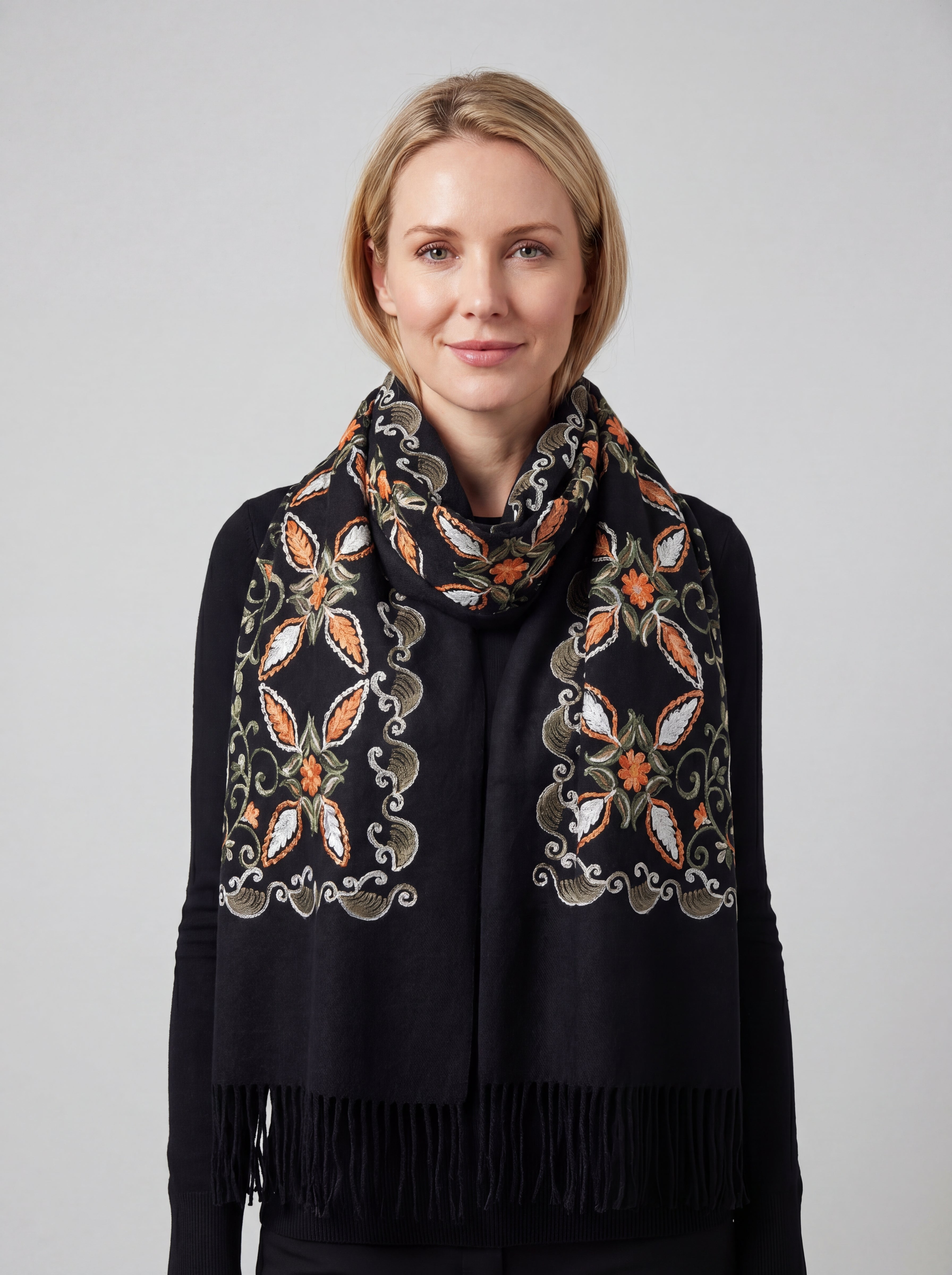 Embroidered Viscose Wool Blend Scarf