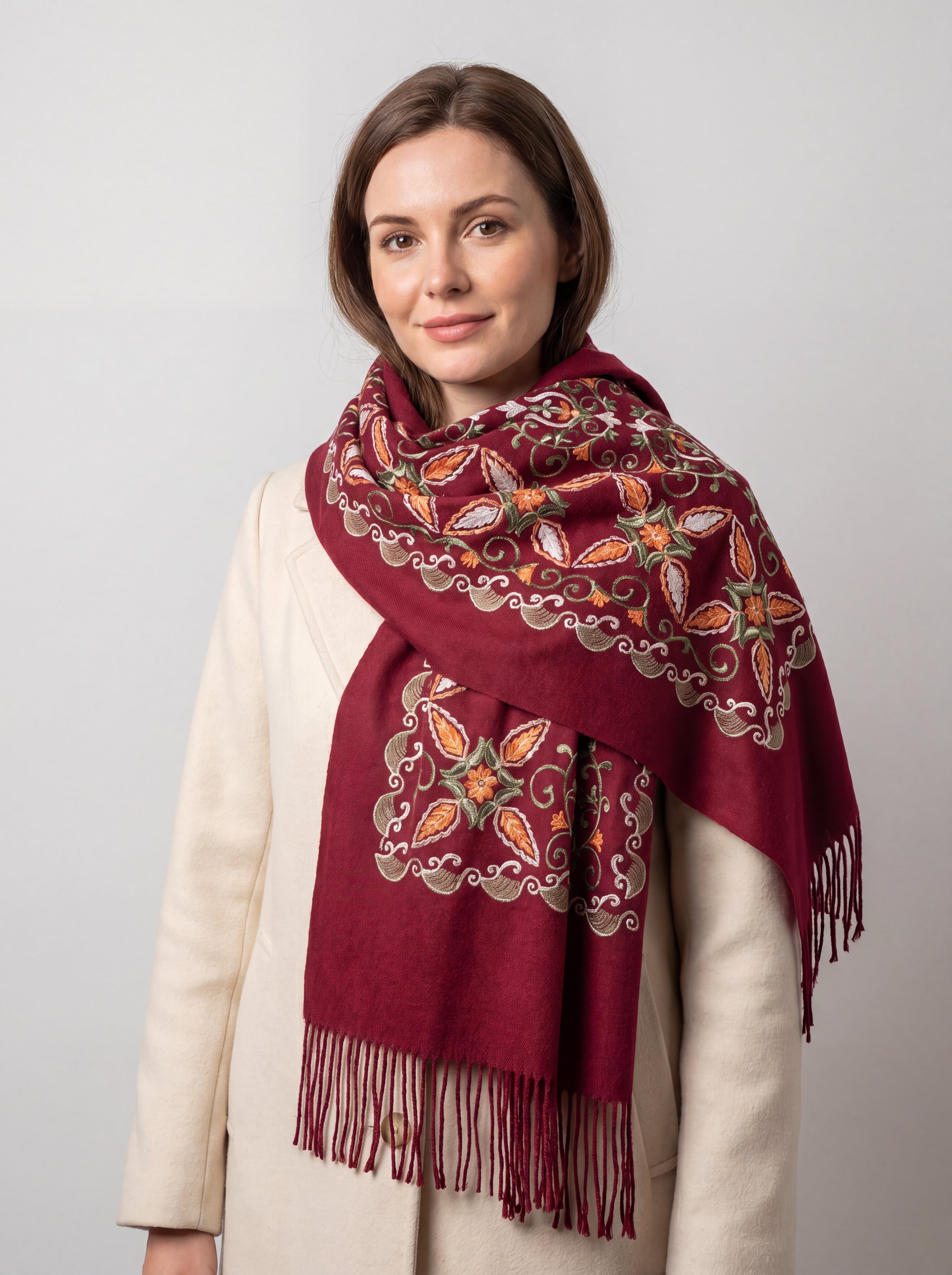 Embroidered Viscose Wool Blend Scarf