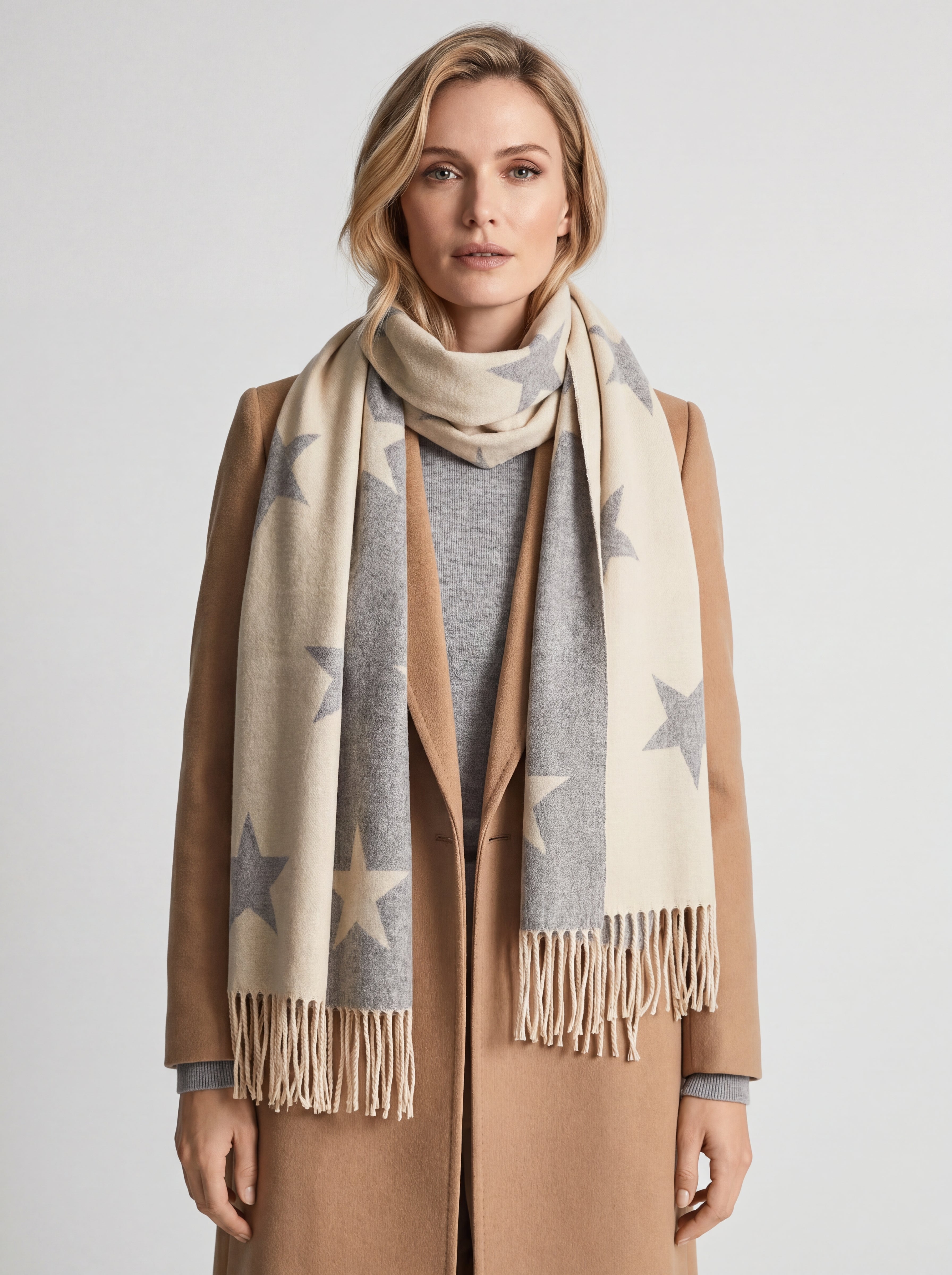 Reversible Wool-Blend Scarf – Star Print with Tassel Trim
