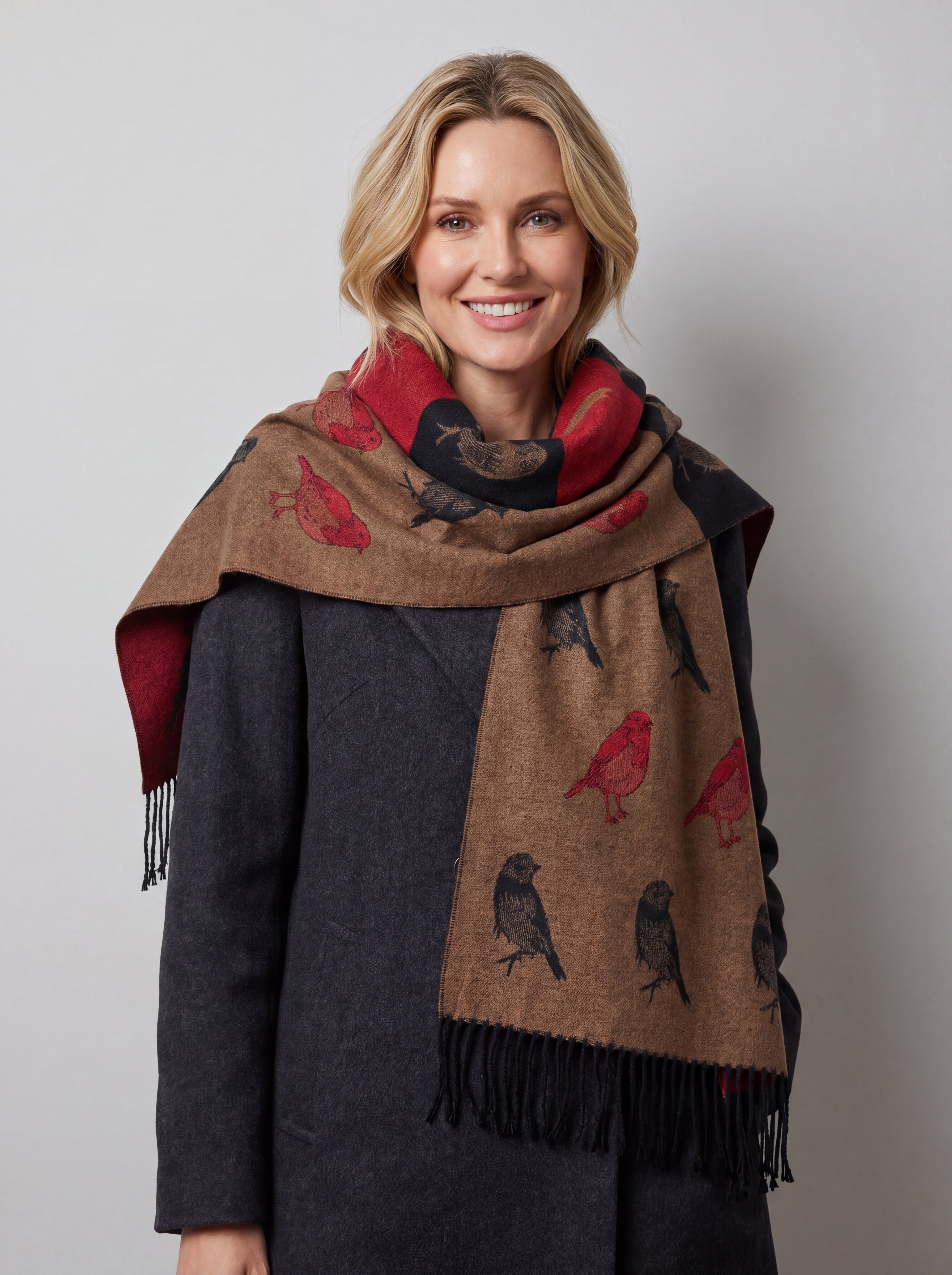 Bird Pattern Viscose Wool Blend Scarf