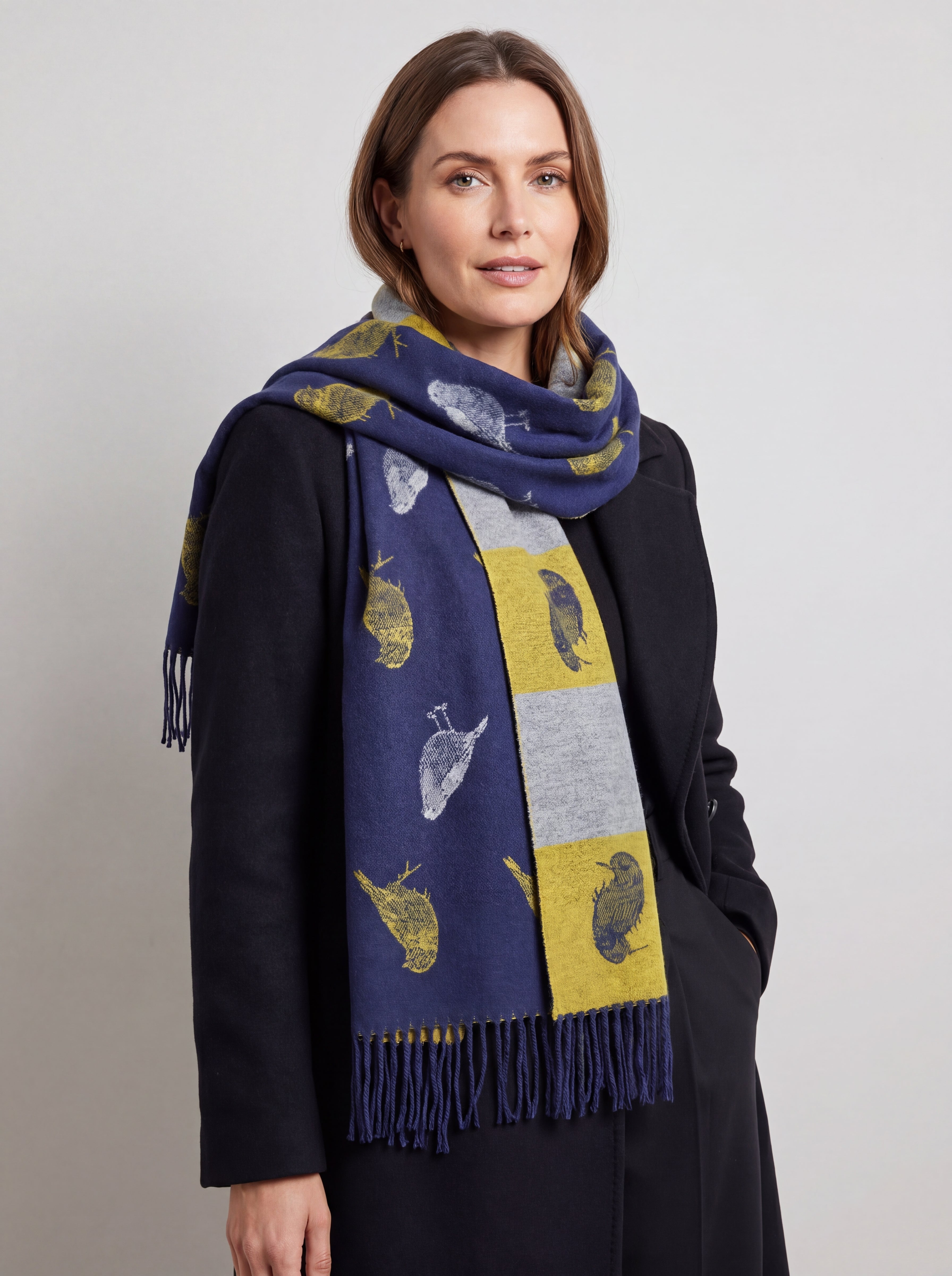 Bird Pattern Viscose Wool Blend Scarf