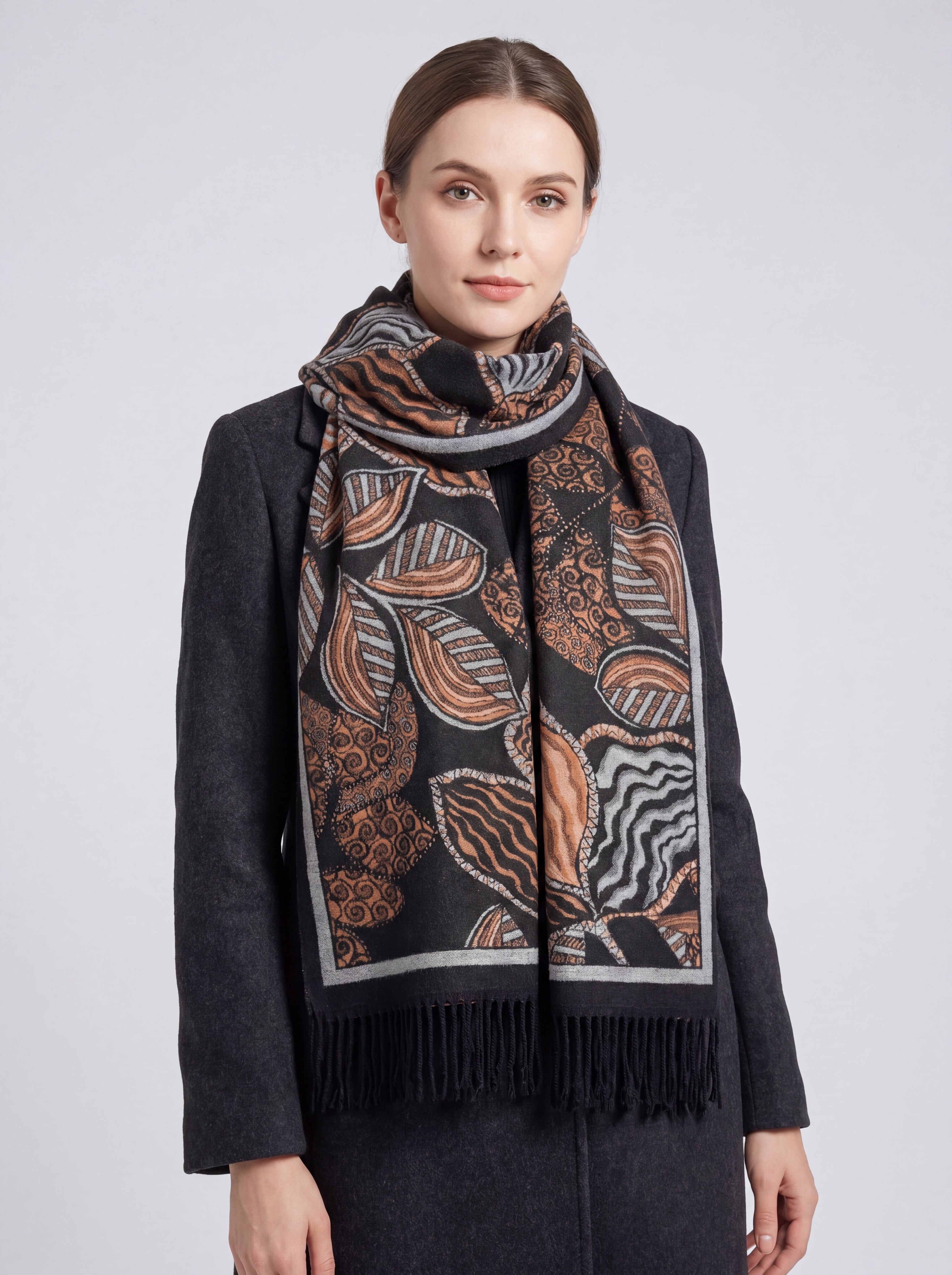 Assorted Leaves Printing Scarf with Tassels