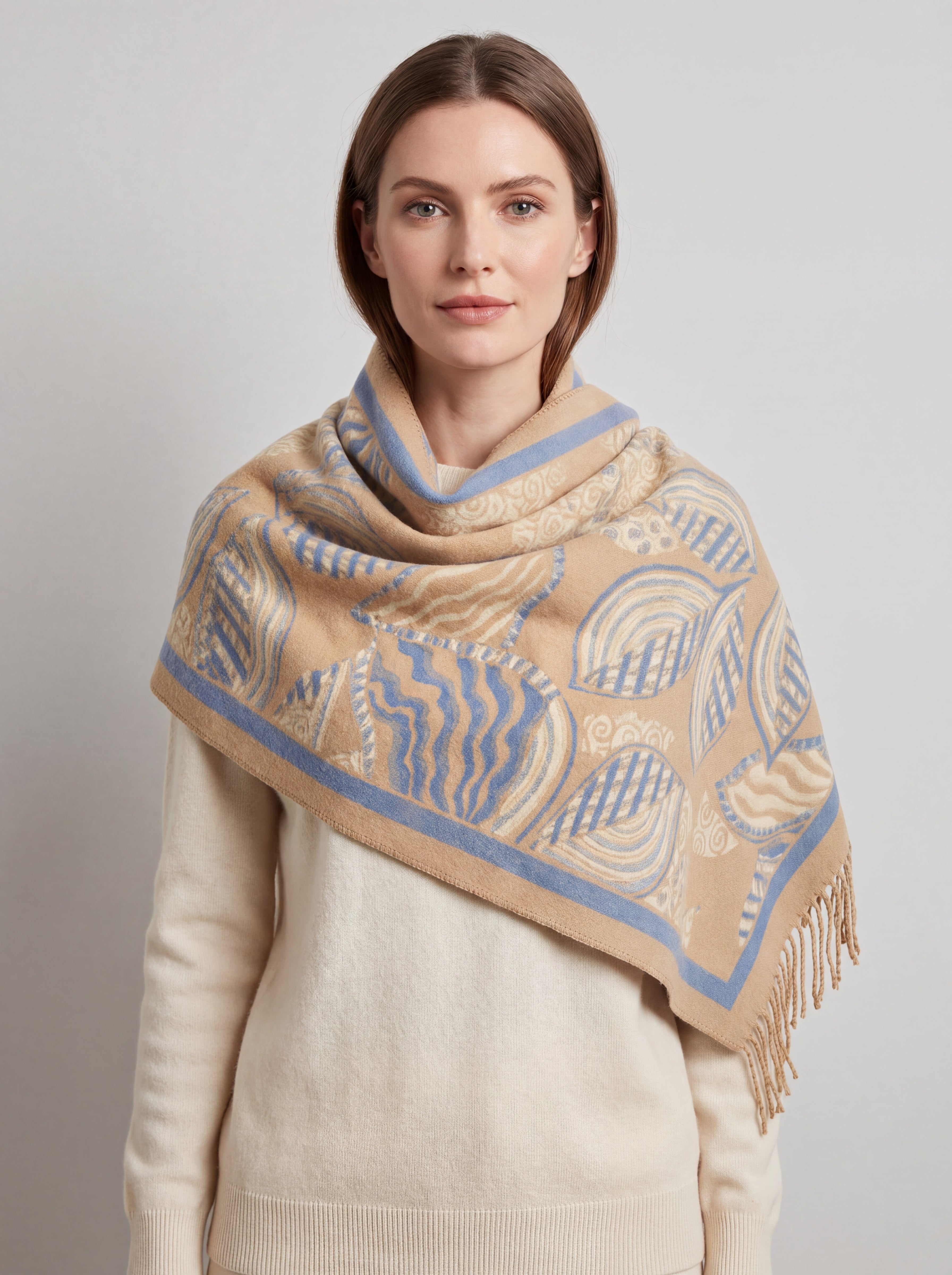 Assorted Leaves Printing Scarf with Tassels