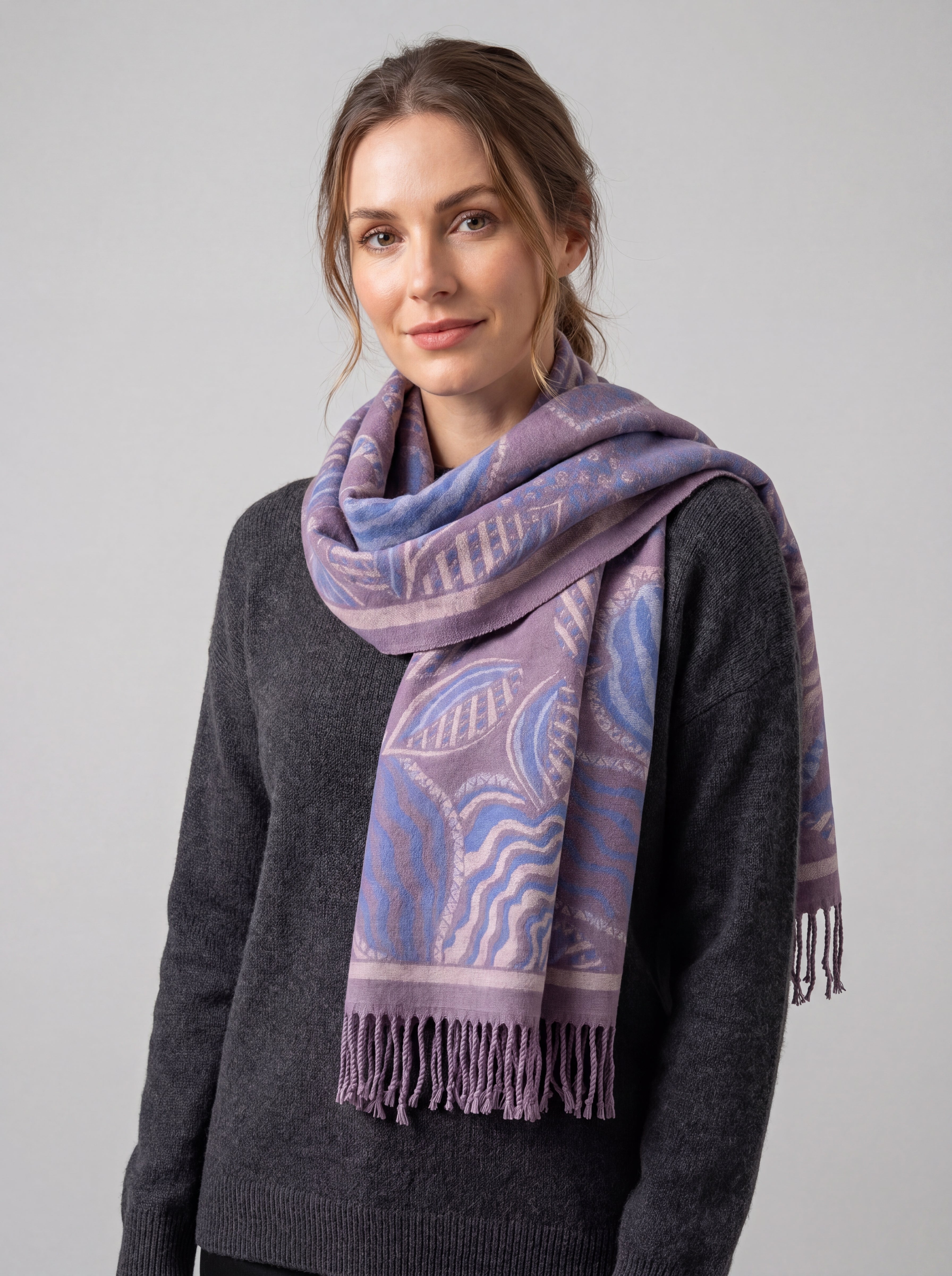 Assorted Leaves Printing Scarf with Tassels