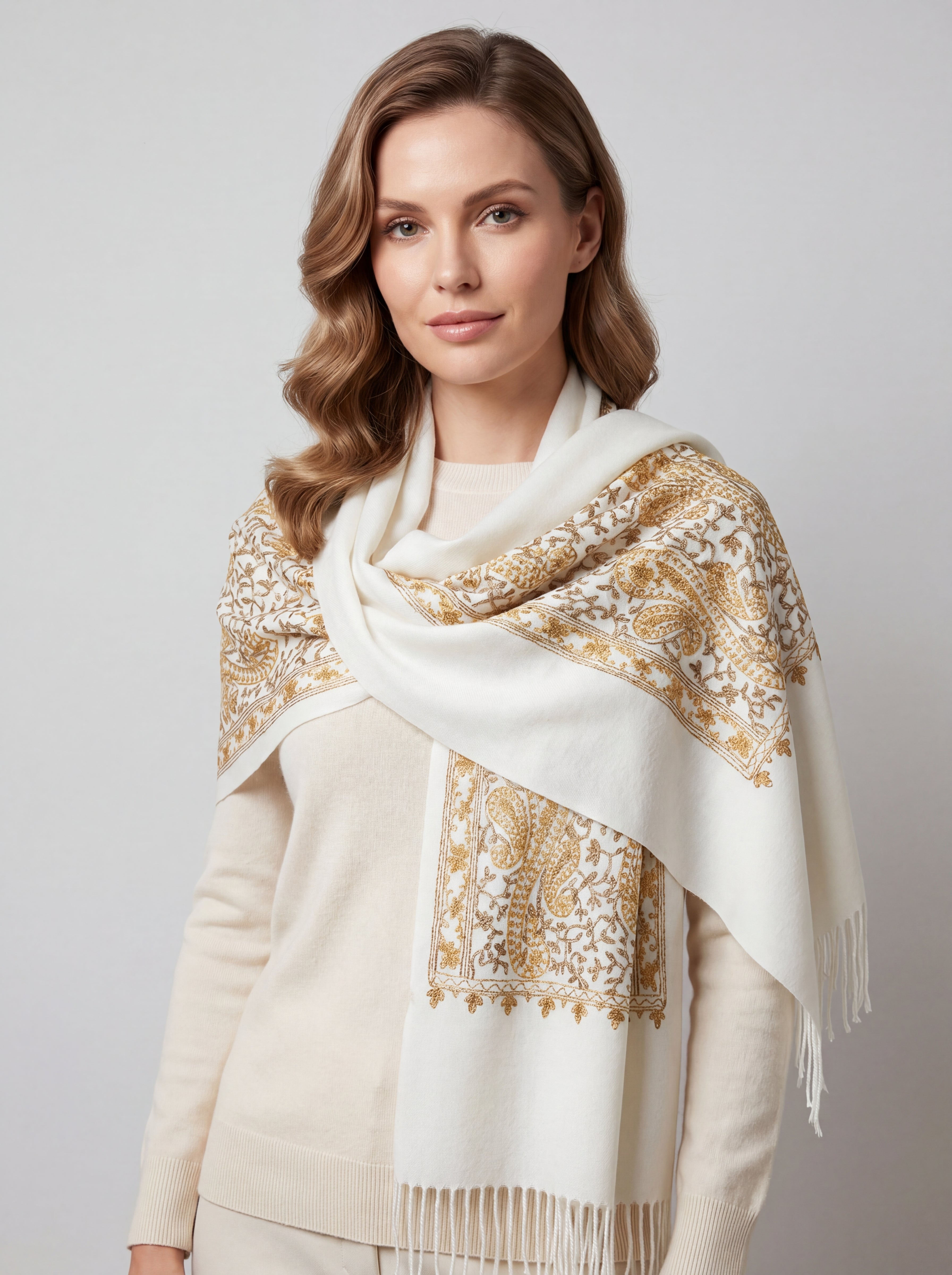 Embroidered Viscose Wool Blend Scarf