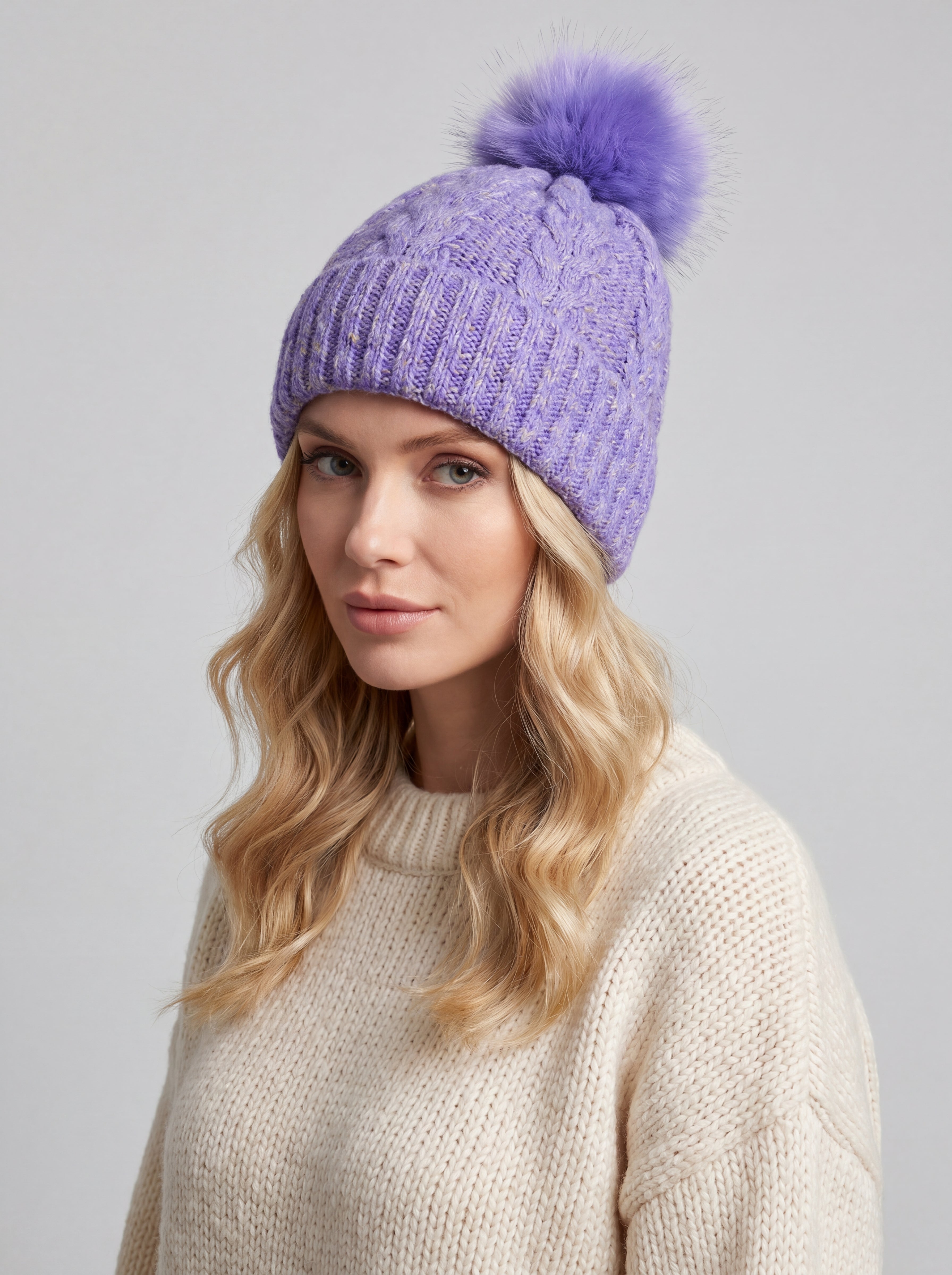 Mixed Colour Knitted Hat with Pompoms