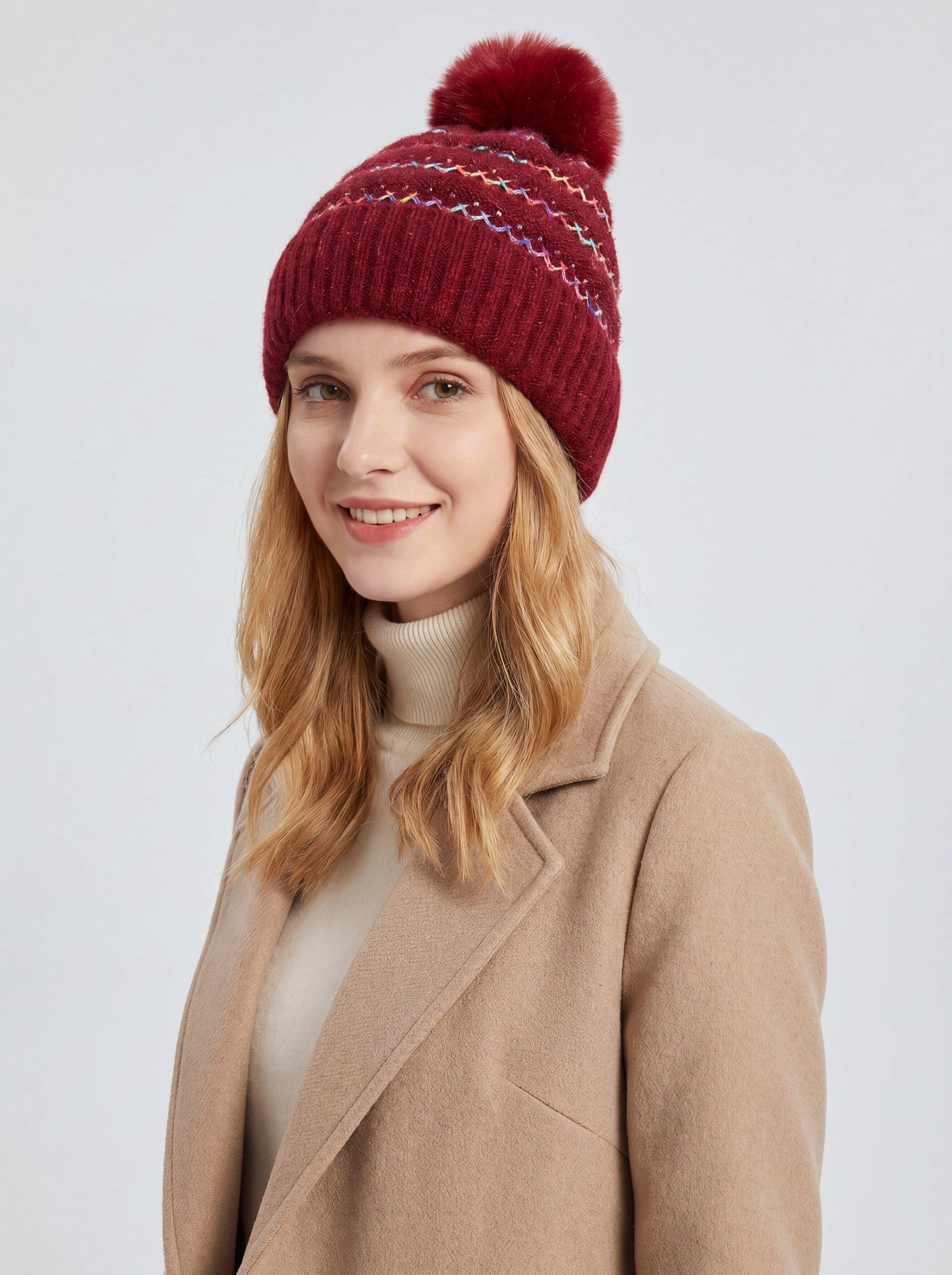 Pom Pom Hat with Colourful Cross Stitch Detail