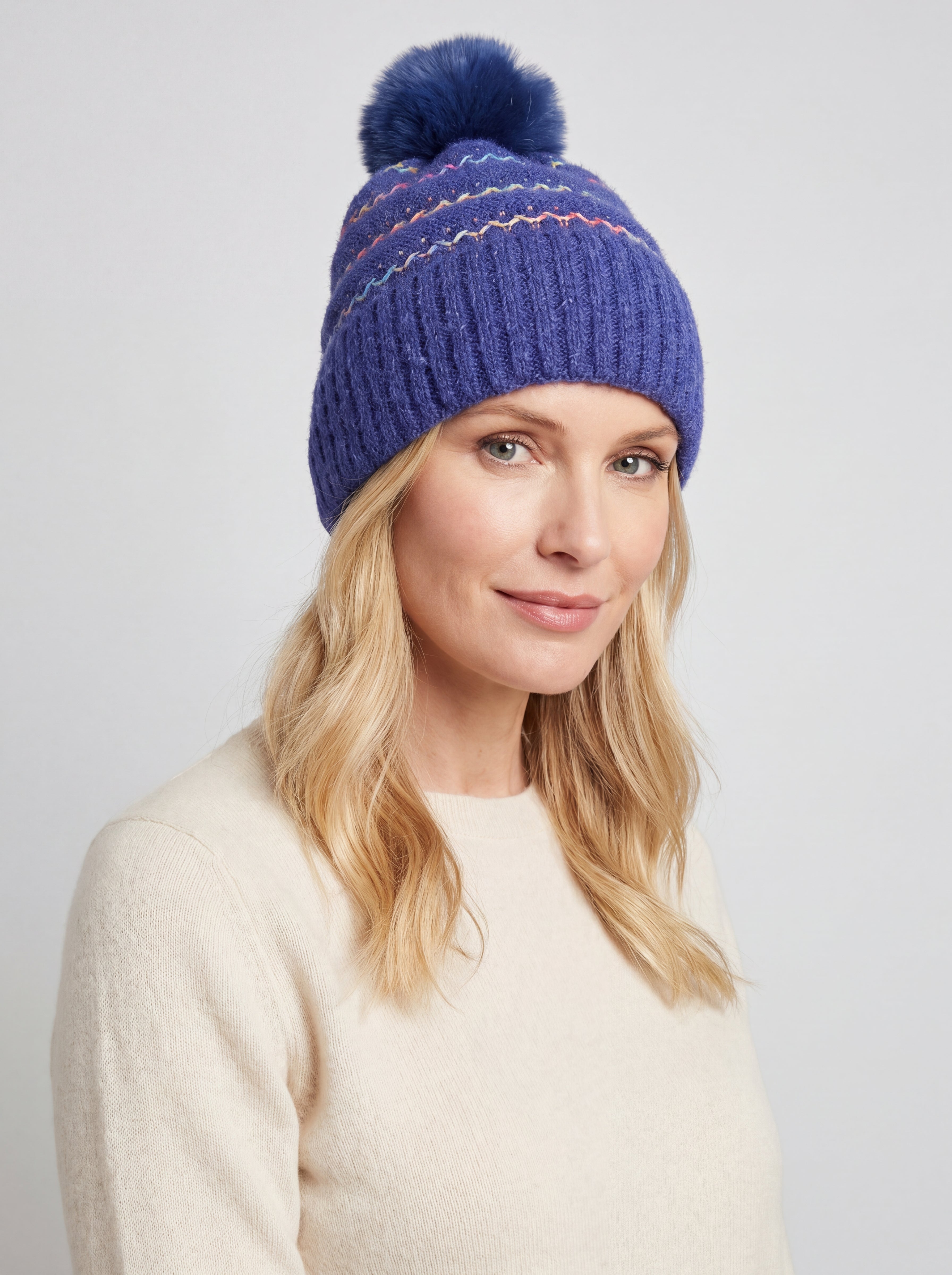 Pom Pom Hat with Colourful Cross Stitch Detail