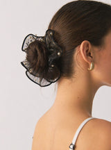 Pearl Organza Hair Scrunchie – Oversized Sheer Ruffle Ponytail Holder Elegant Hair Accessory