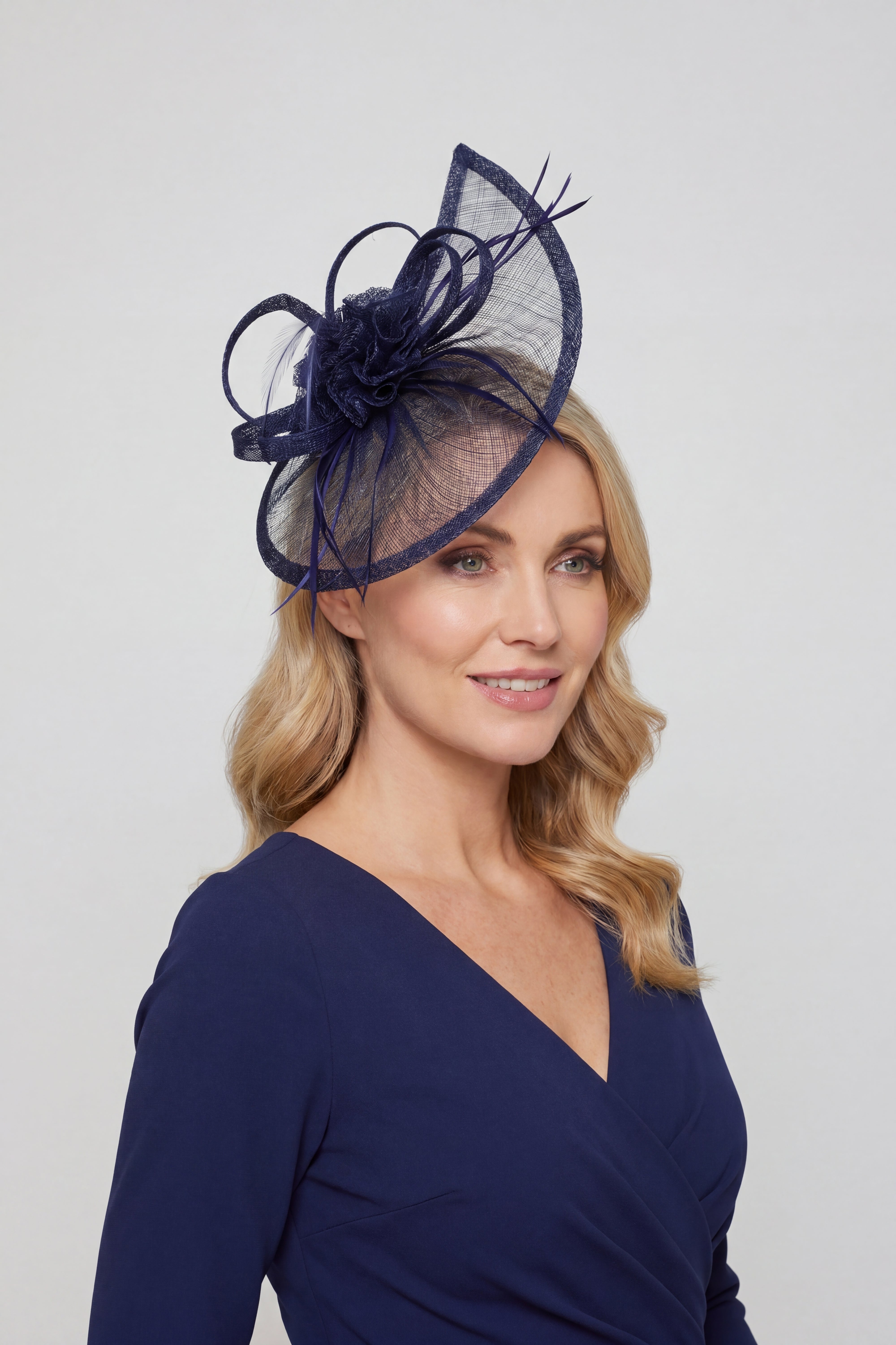 Gauze Teardrop Bass Fascinator with Flower and Curled Feathers