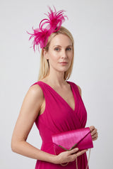 Textured Envelope Clutch Bag with Gold Chain & Feather Fascinator Fuchsia Set