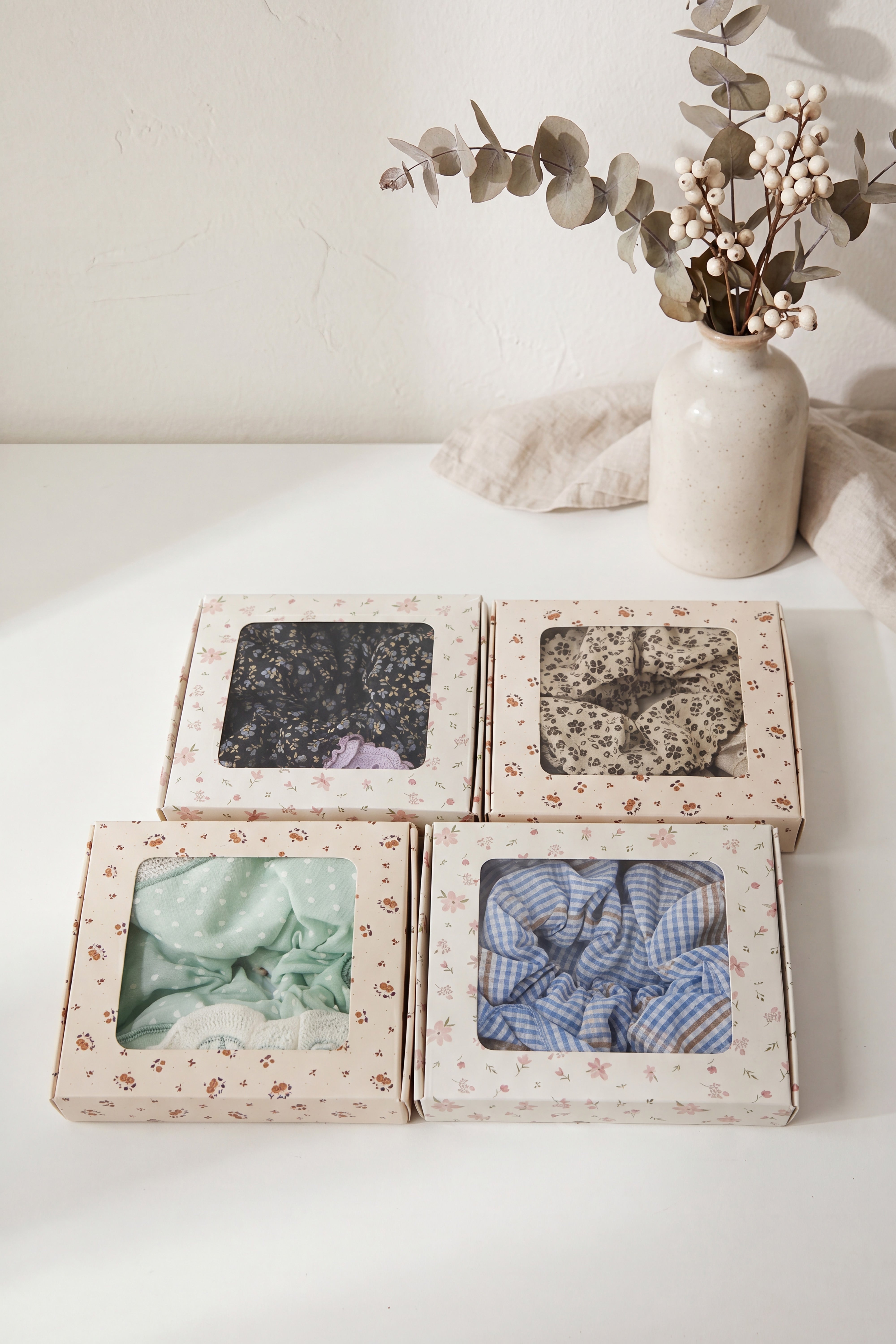 4Pics Vintage Gingham Lace Hair Scrunchie Oversized With Box