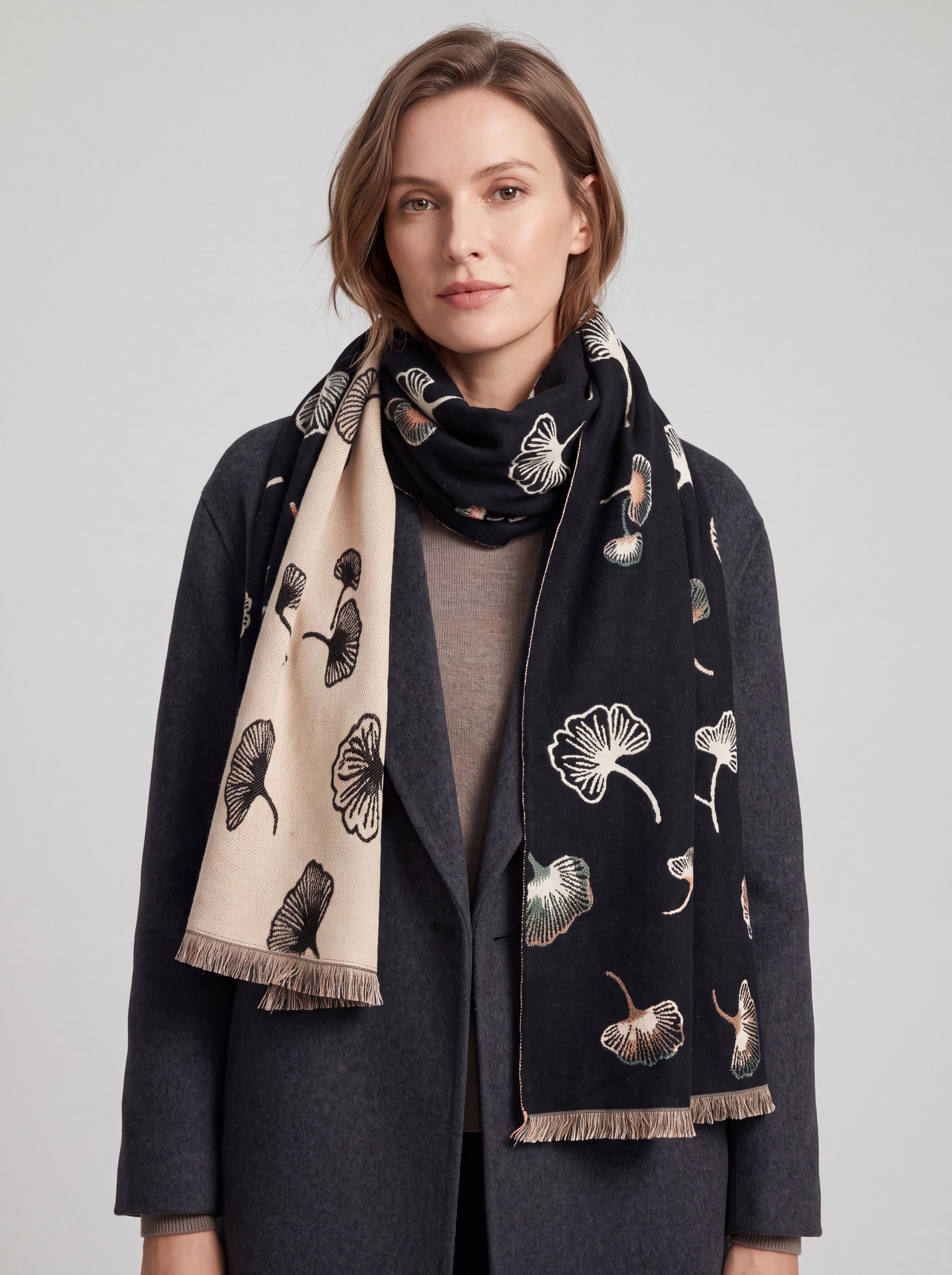 Ginkgo Leaf Pattern Reversible Scarf – Soft Touch, Fringed Design