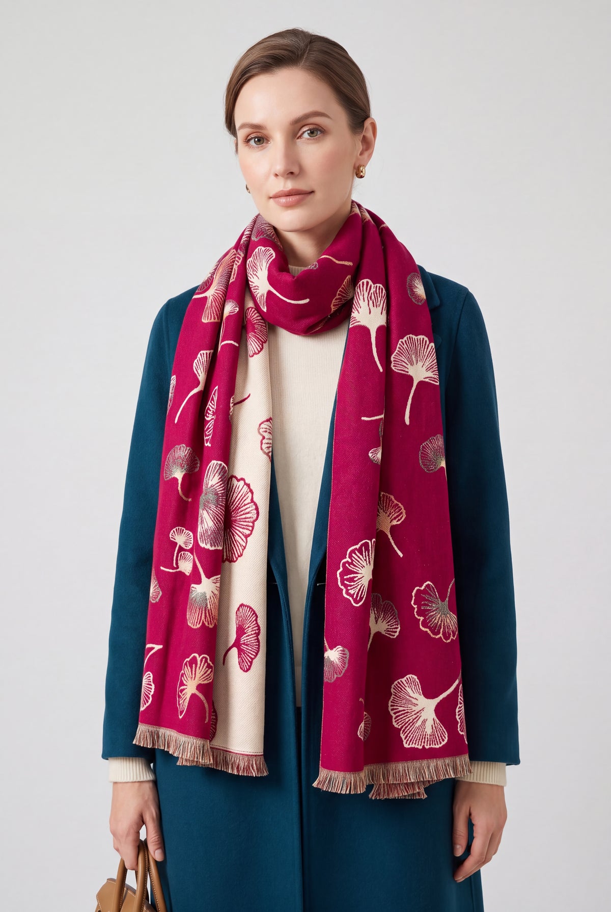 Ginkgo Leaf Pattern Reversible Scarf – Soft Touch, Fringed Design