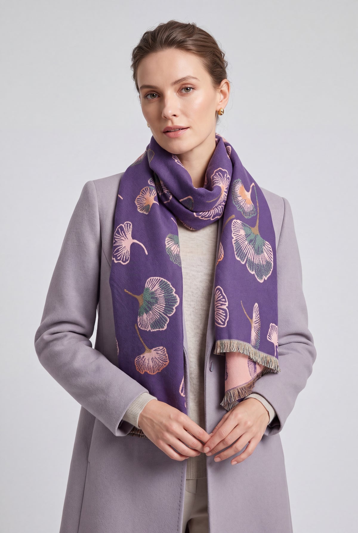 Ginkgo Leaf Pattern Reversible Scarf – Soft Touch, Fringed Design