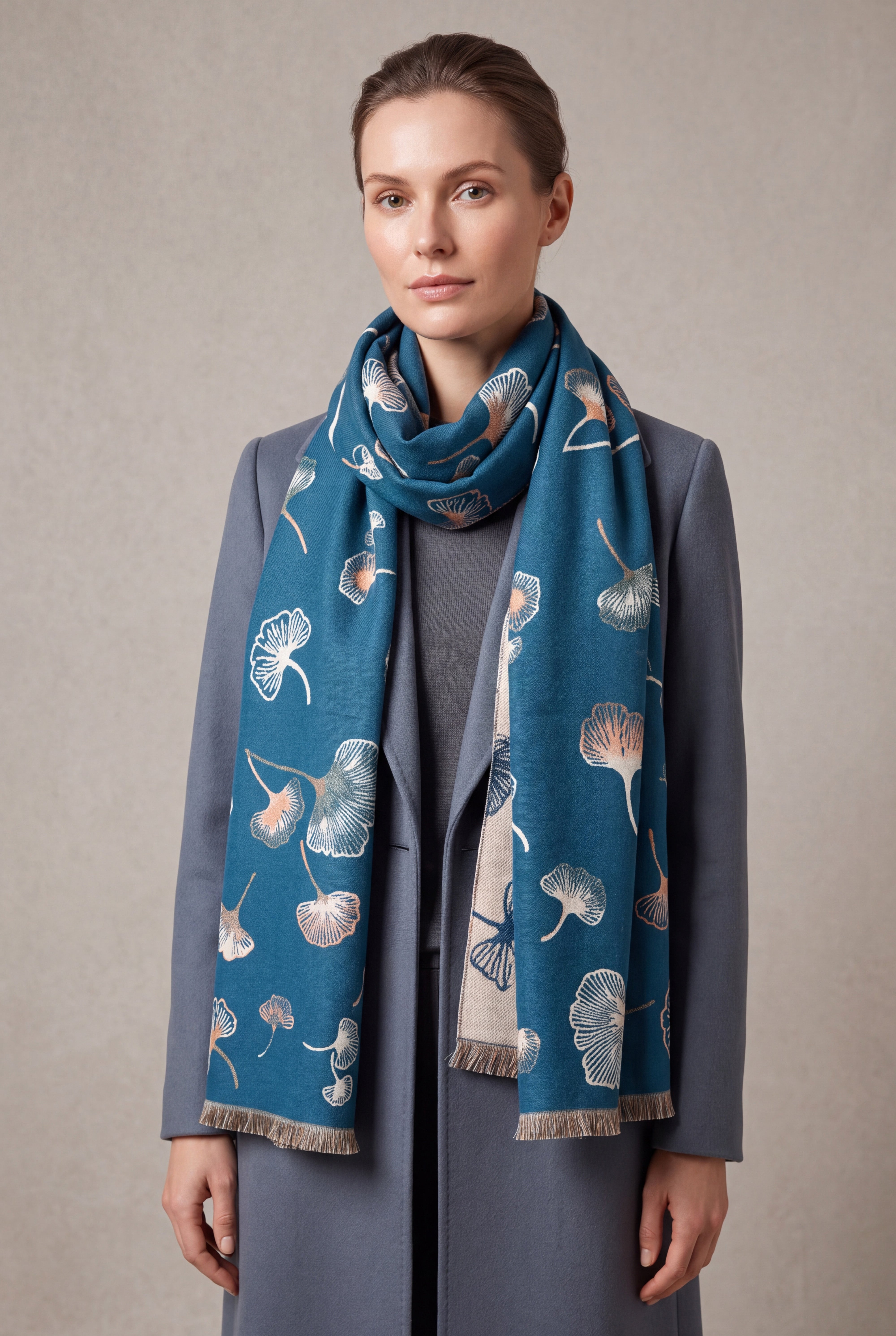 Ginkgo Leaf Pattern Reversible Scarf – Soft Touch, Fringed Design