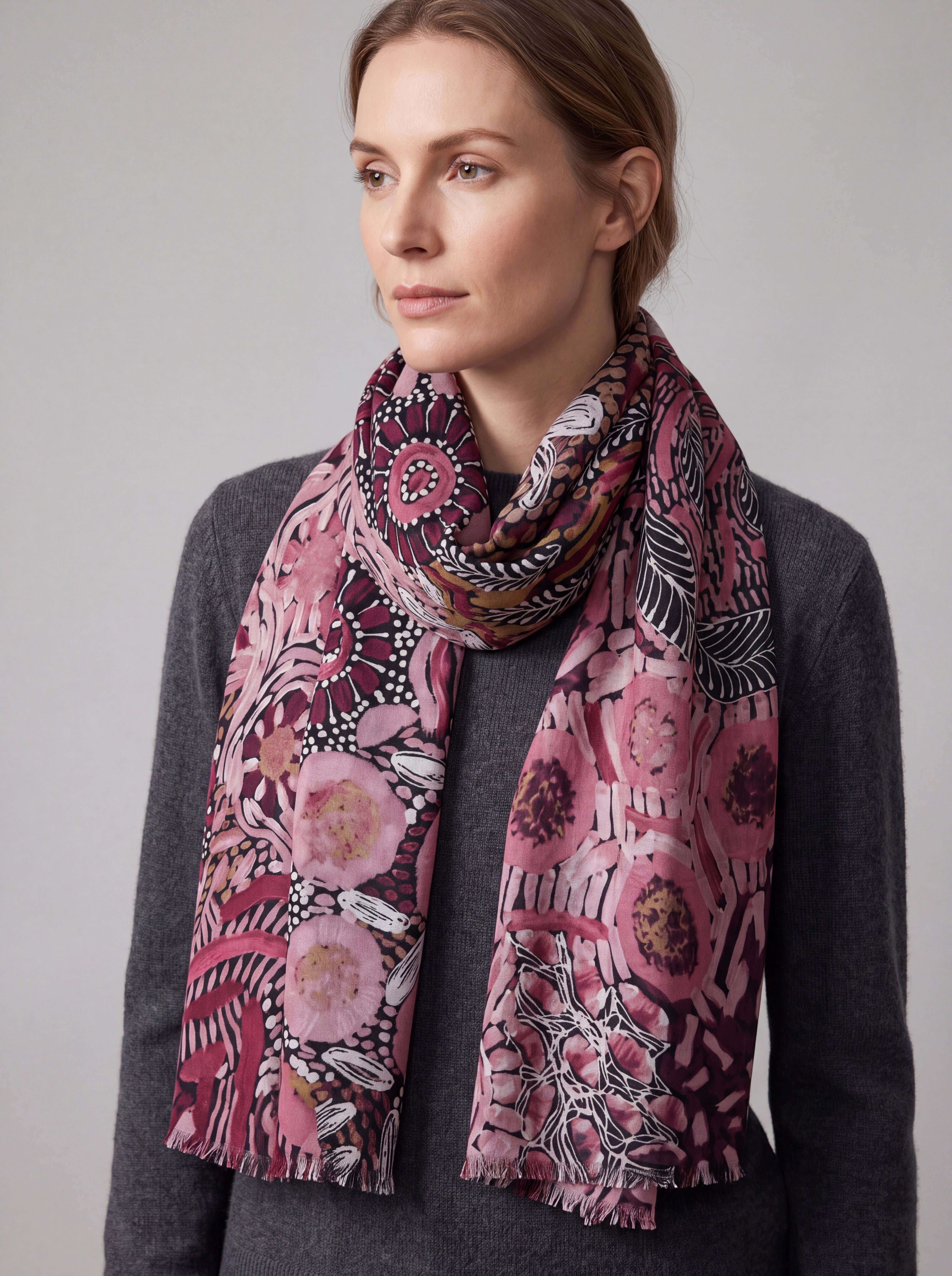 Women's Abstract Floral Print Lightweight Scarf with Frayed Edges