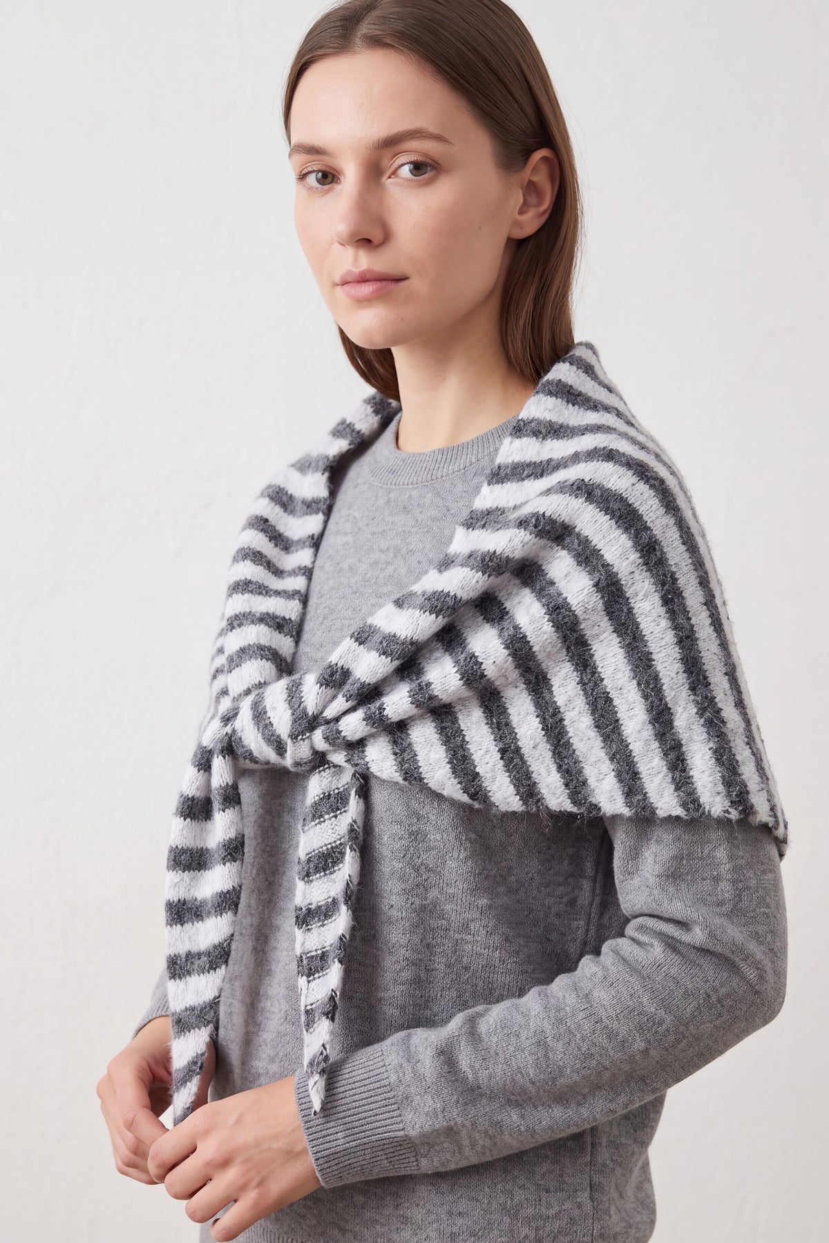 Striped Wool Blend Knitted Triangle Scarf Shawl