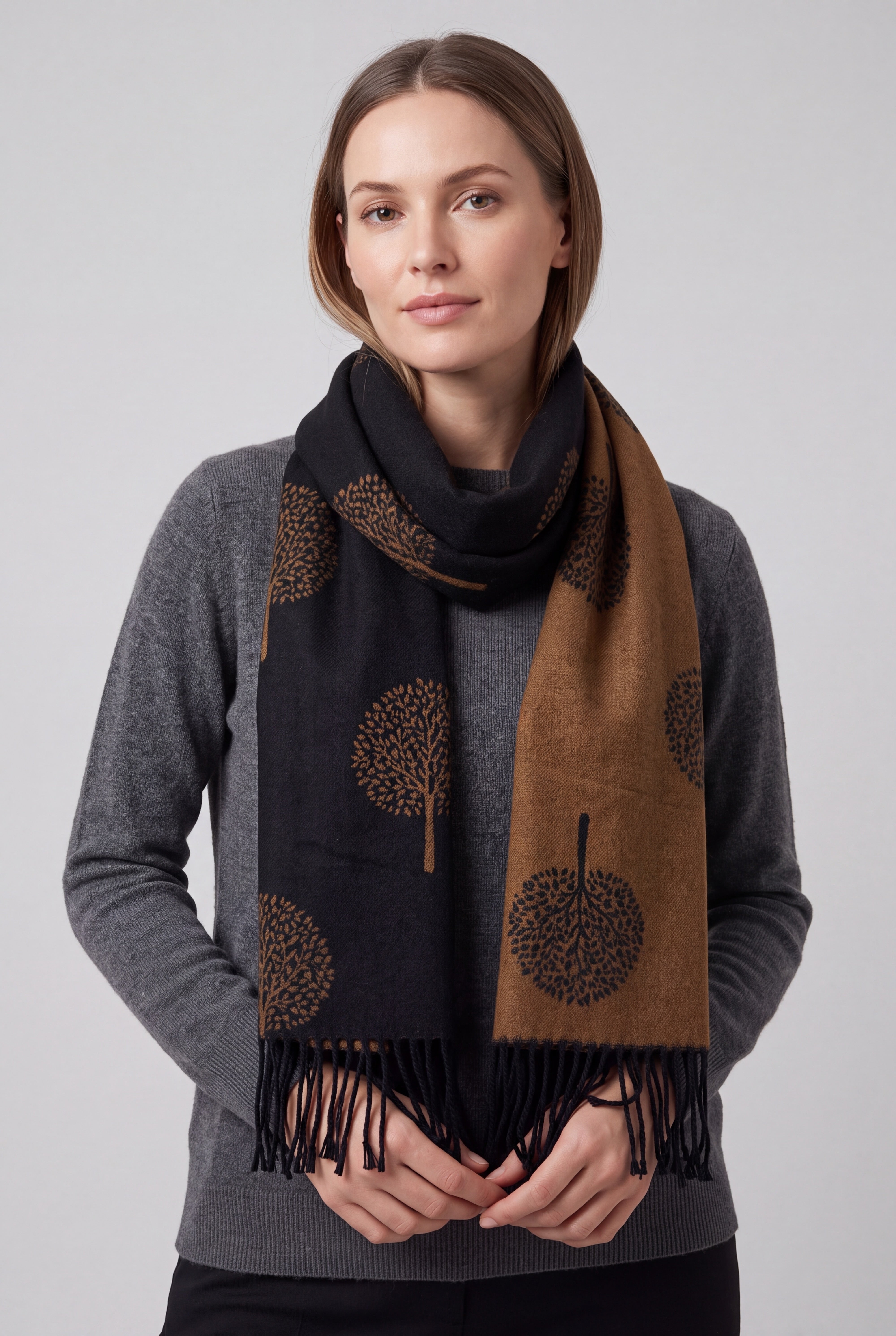 Reversible Tree Patterned Scarf with Fringe