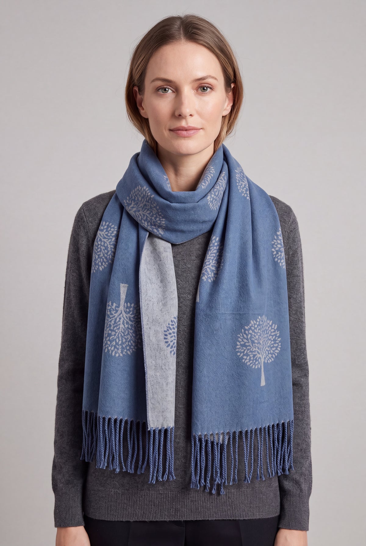 Reversible Tree Patterned Scarf with Fringe