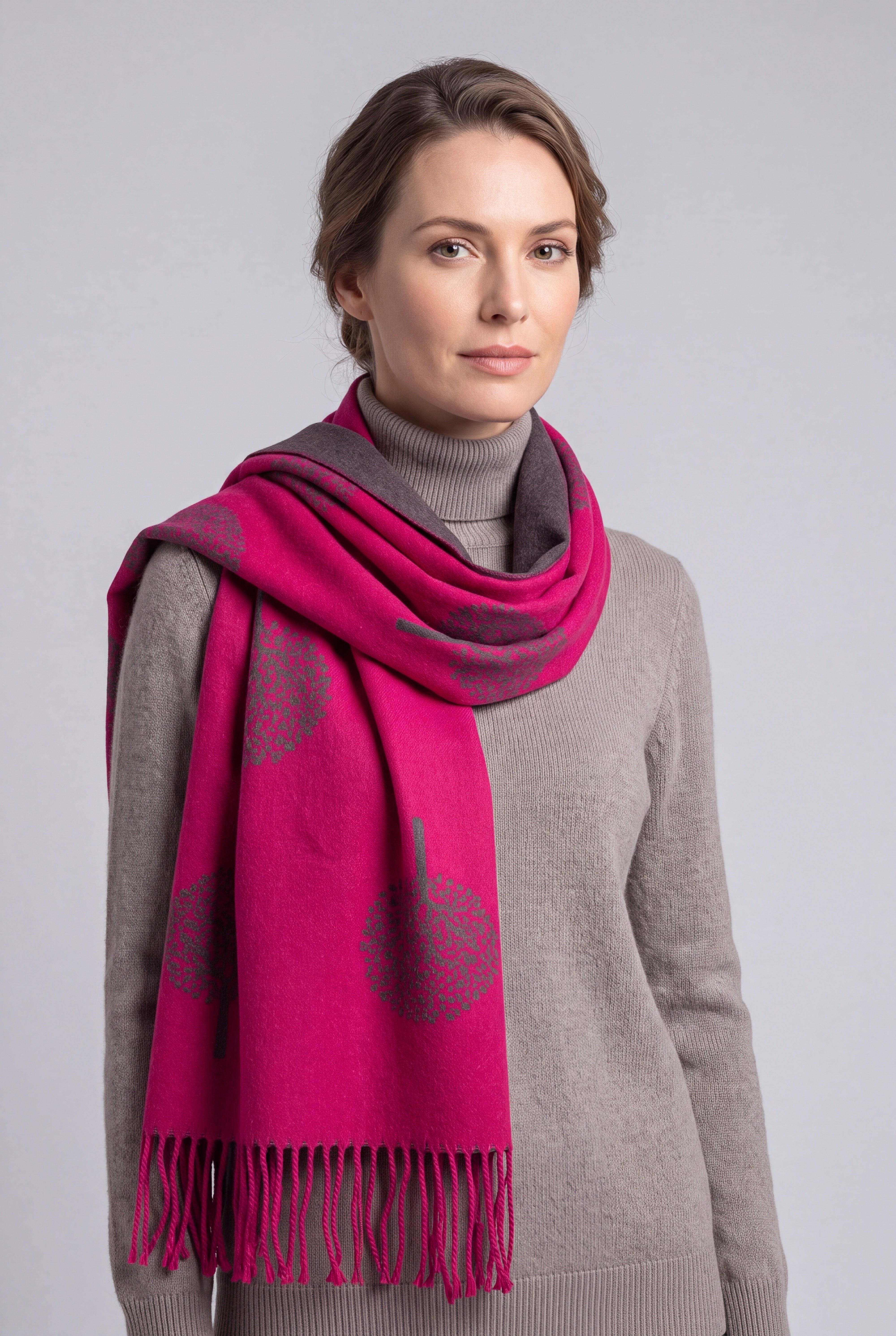 Reversible Tree Patterned Scarf with Fringe
