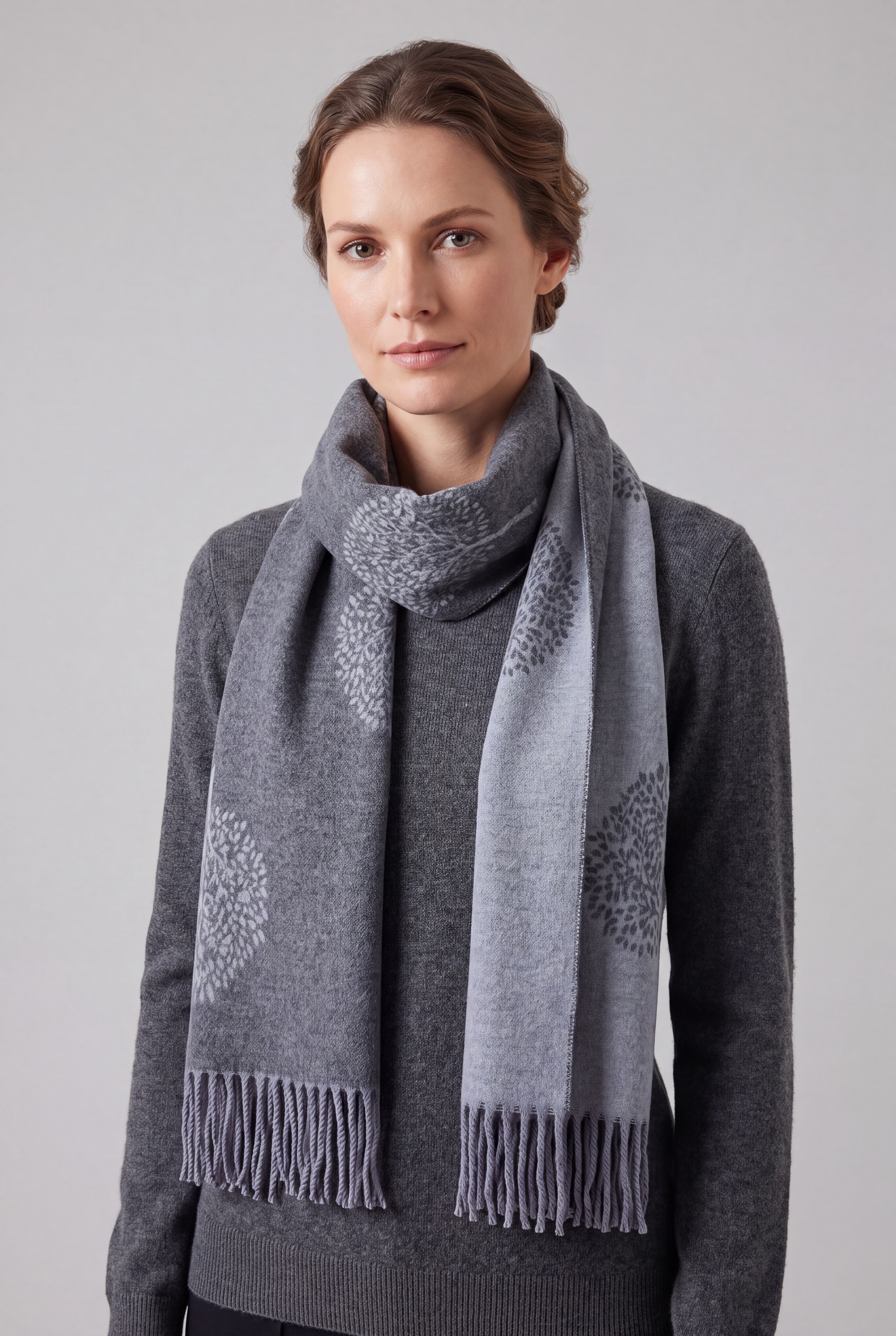 Reversible Tree Patterned Scarf with Fringe