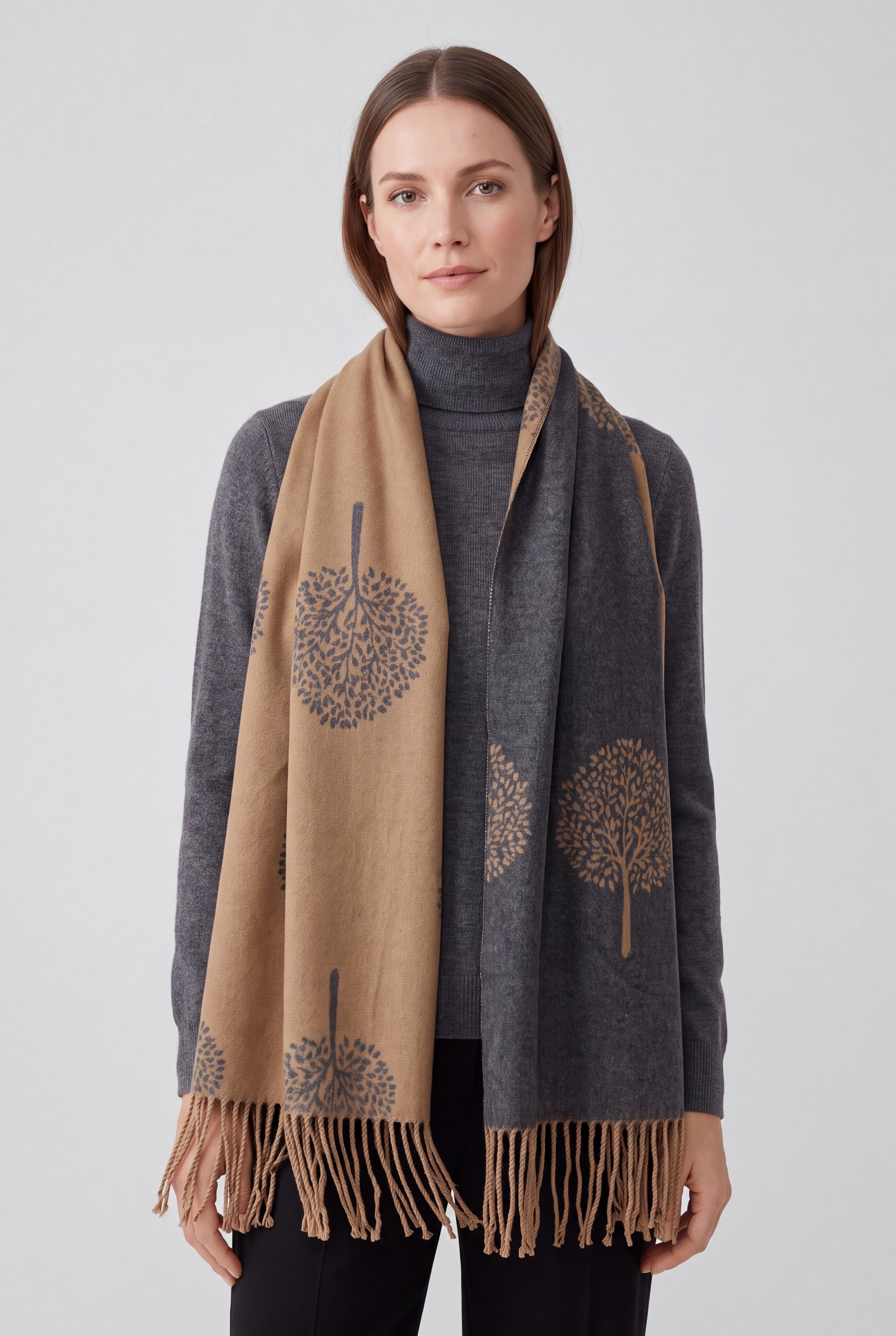 Reversible Tree Patterned Scarf with Fringe