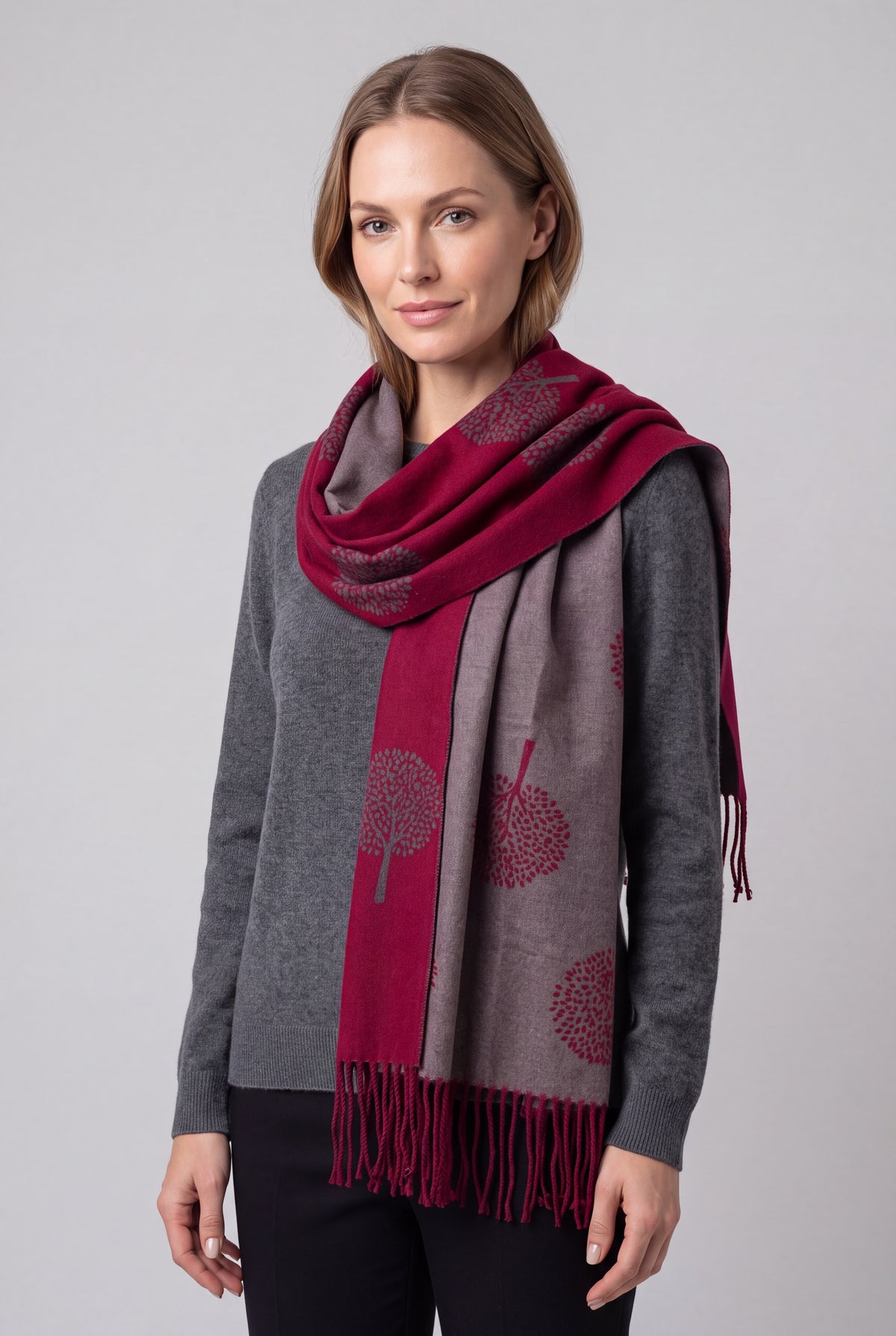 Reversible Tree Patterned Scarf with Fringe