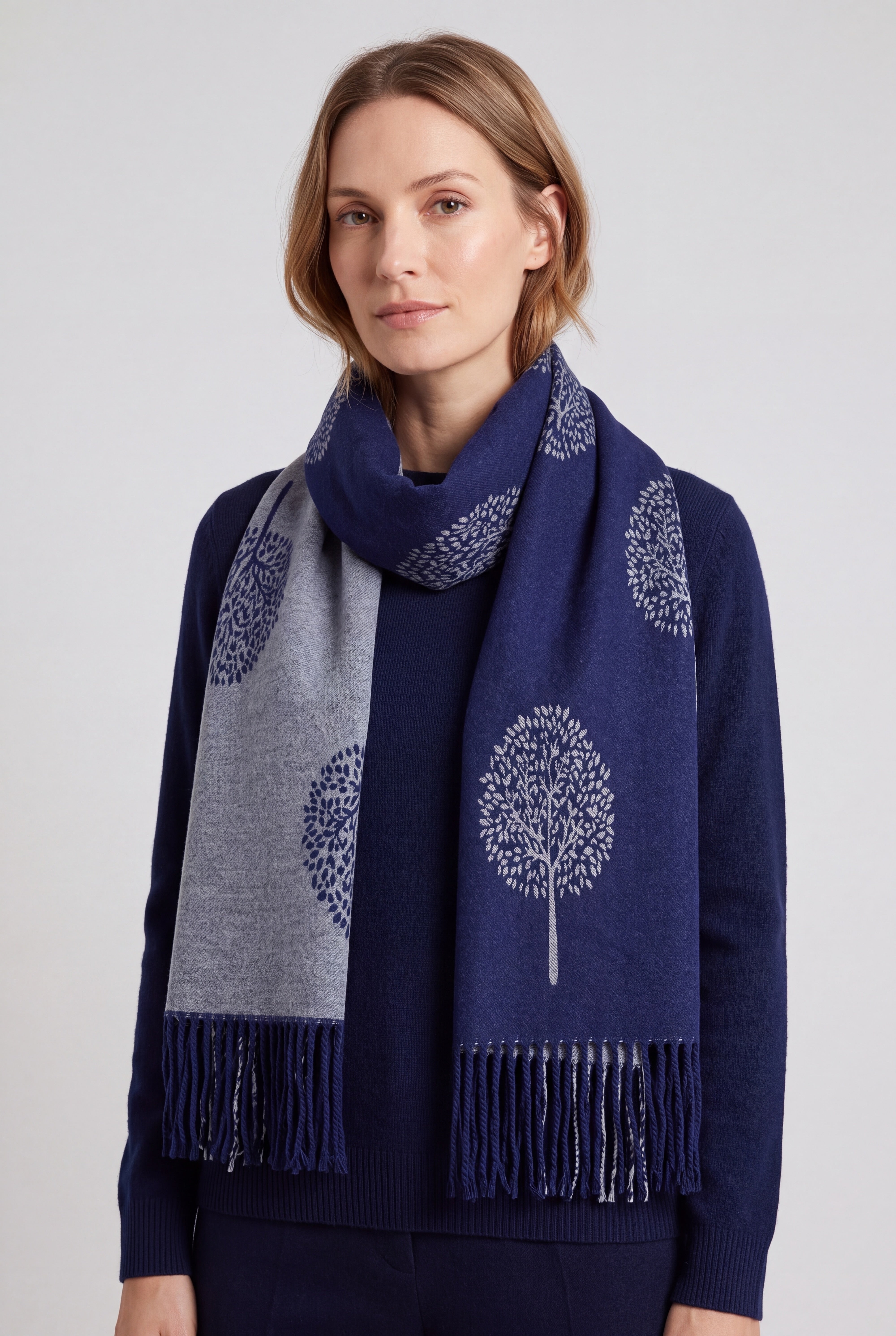 Reversible Tree Patterned Scarf with Fringe