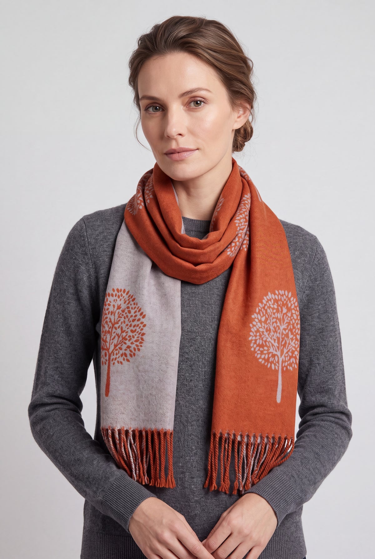 Reversible Tree Patterned Scarf with Fringe