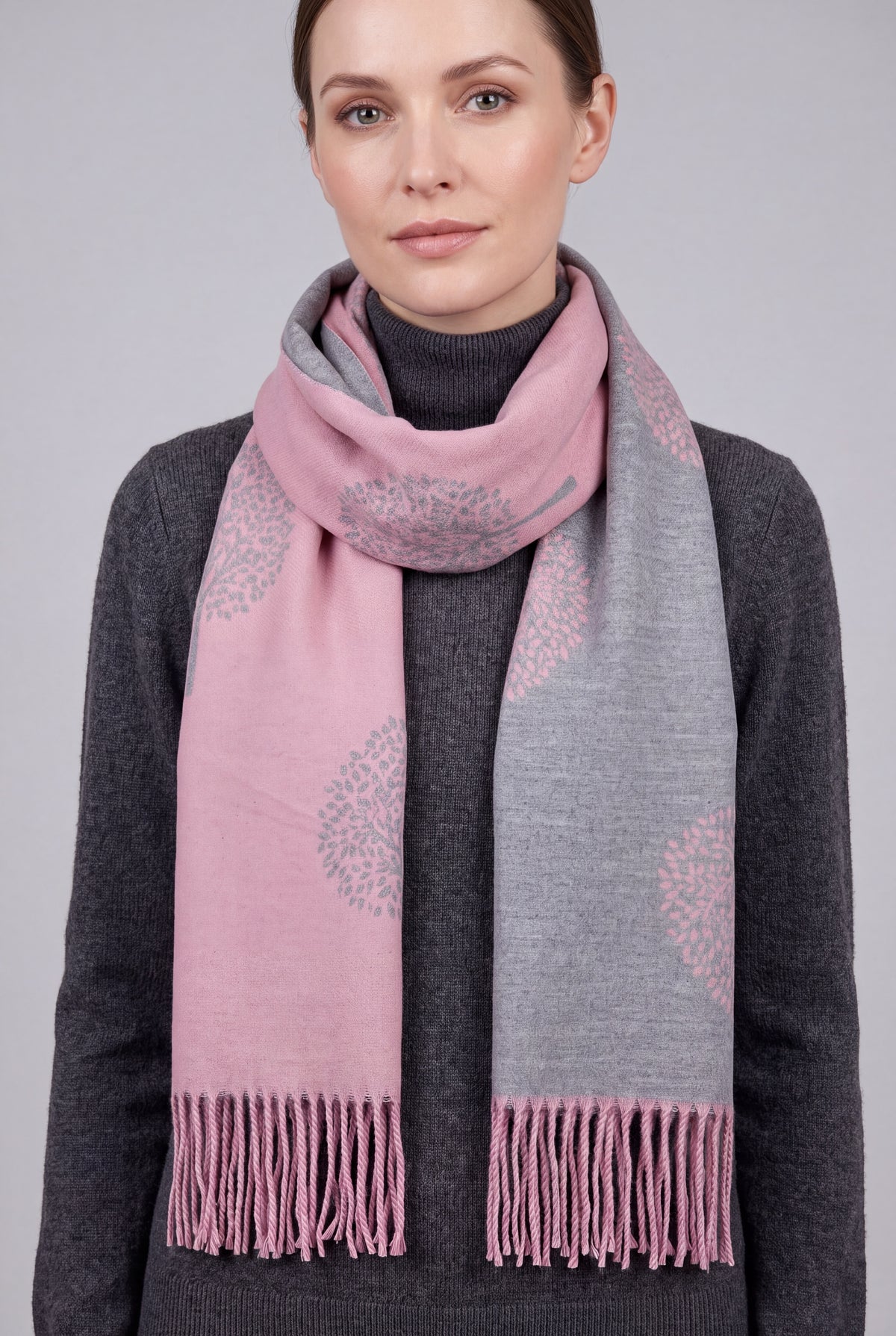 Reversible Tree Patterned Scarf with Fringe