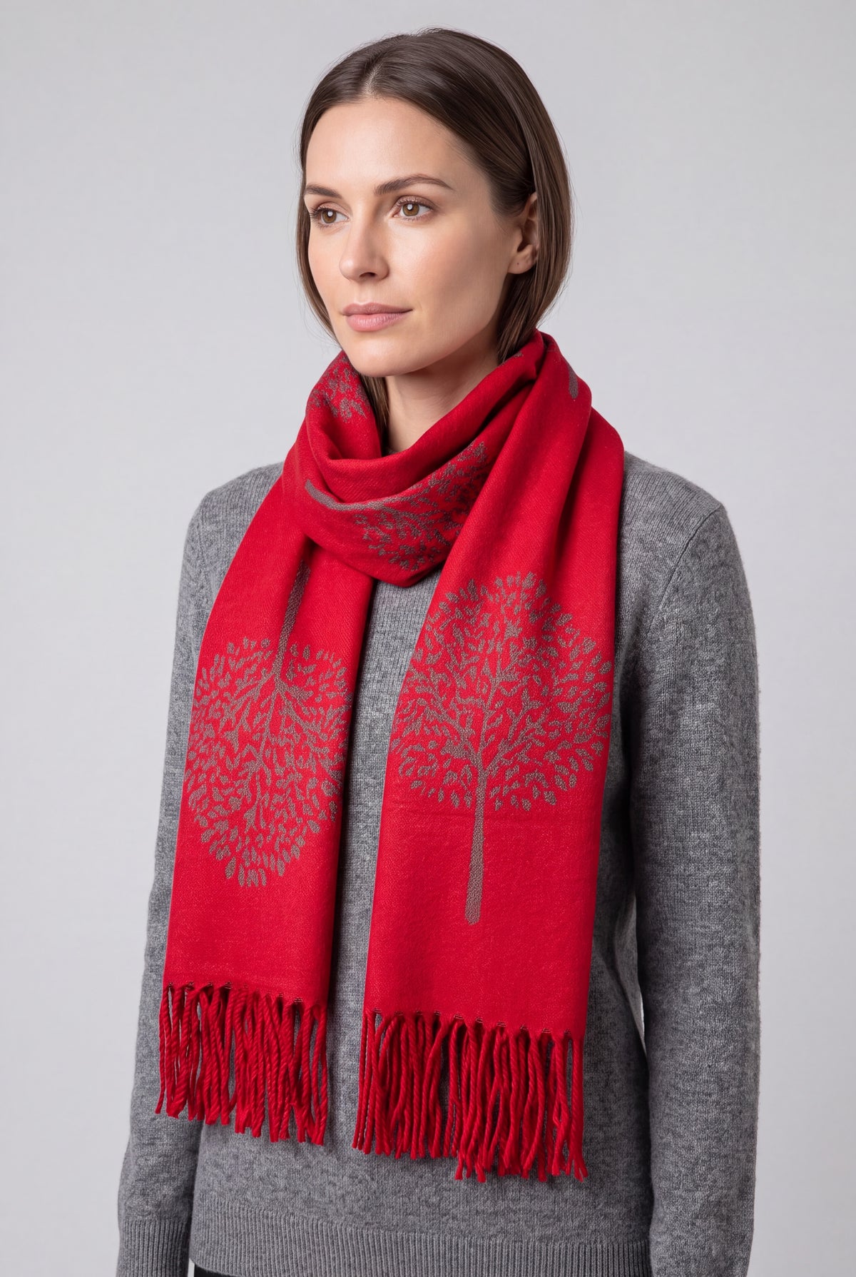 Reversible Tree Patterned Scarf with Fringe