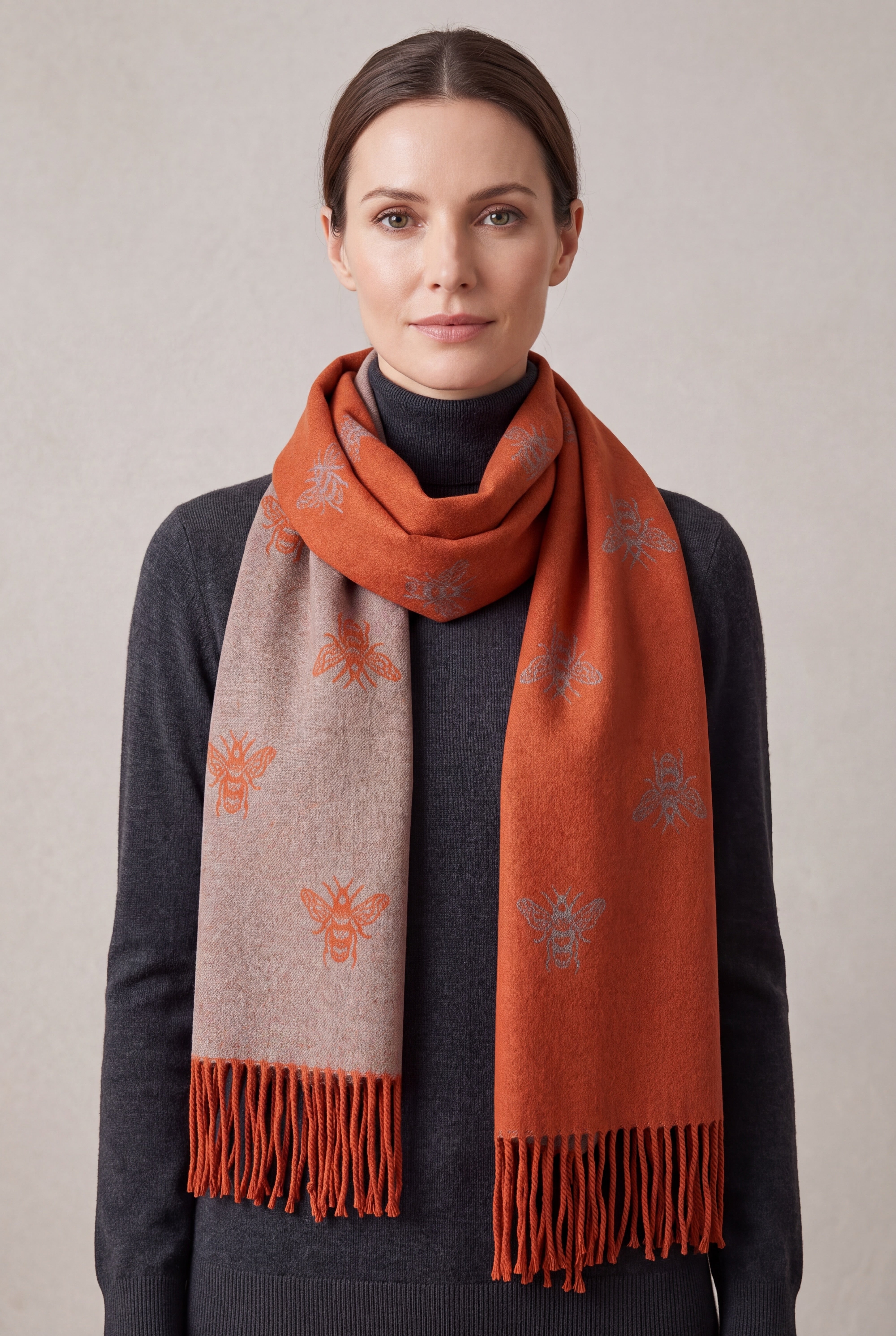 Reversible Bee Print Wool Mix Scarf