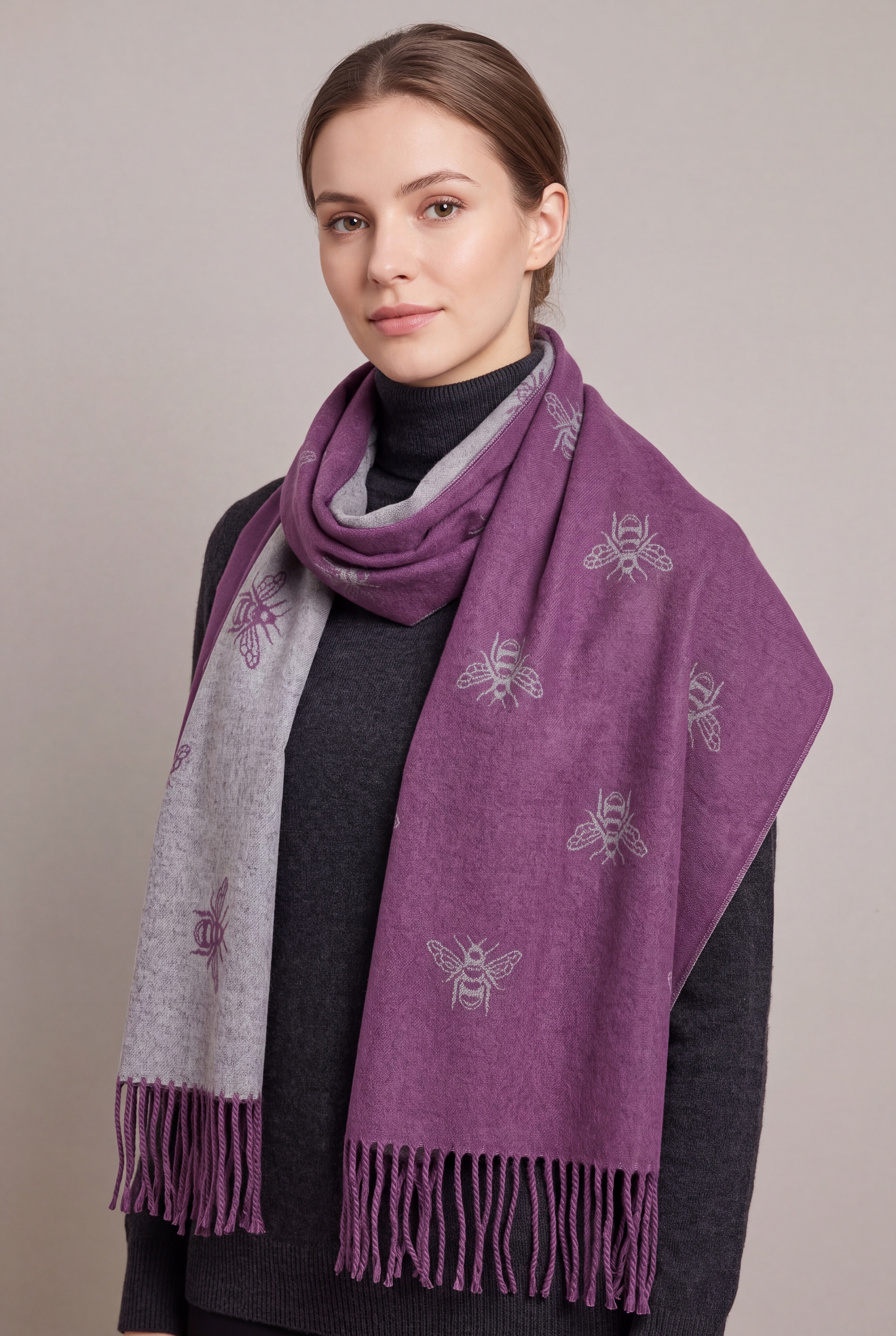 Reversible Bee Print Wool Mix Scarf