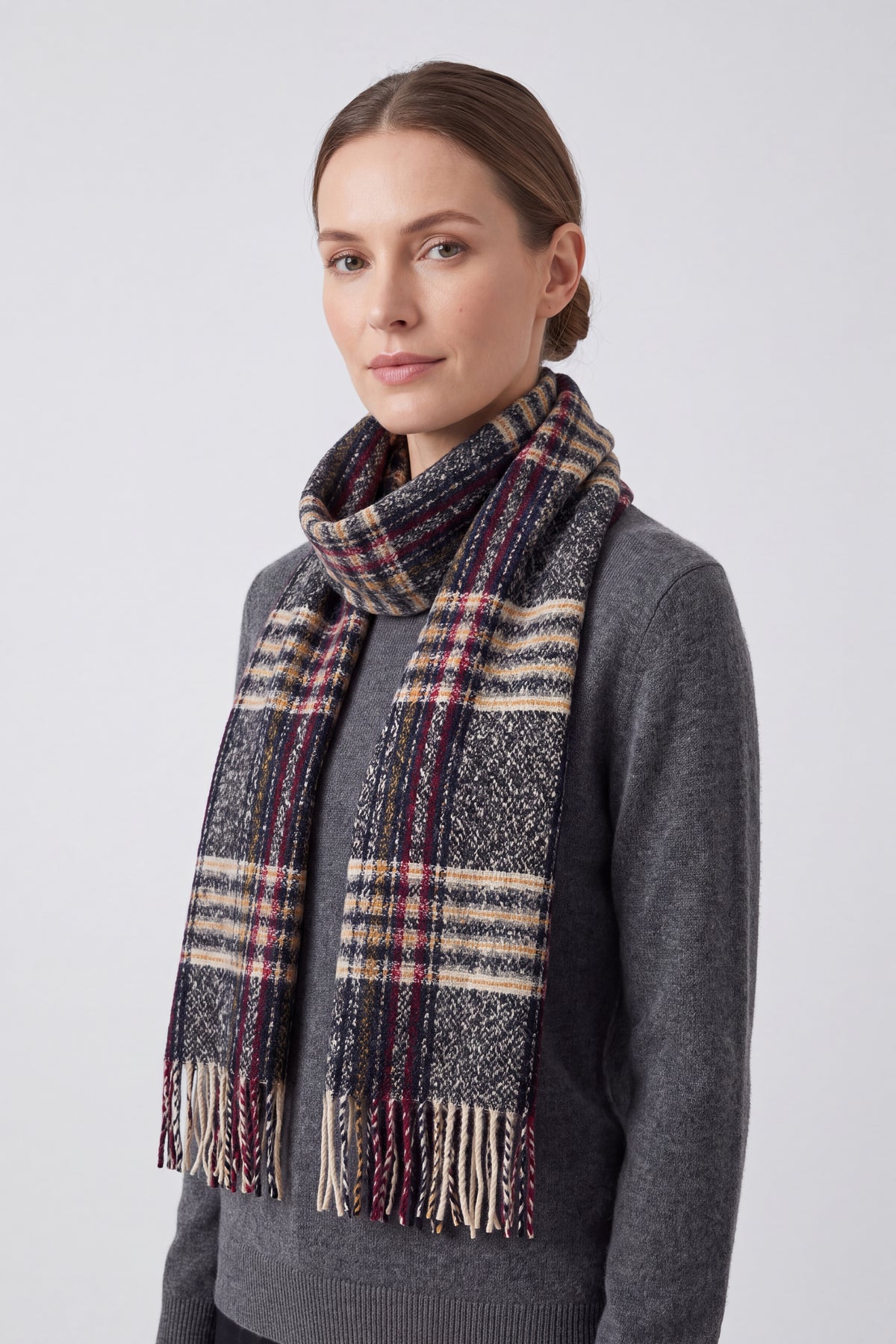 Soft Wool BlendClassic Check Pattern Scarf Fringed Ends