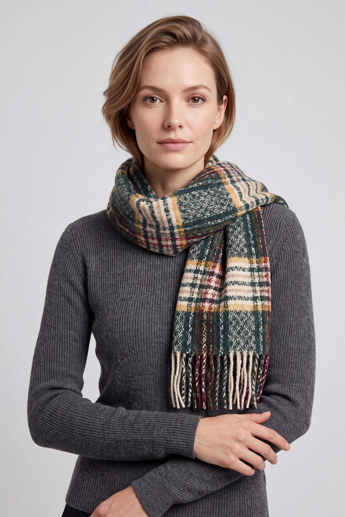 Soft Wool BlendClassic Check Pattern Scarf Fringed Ends