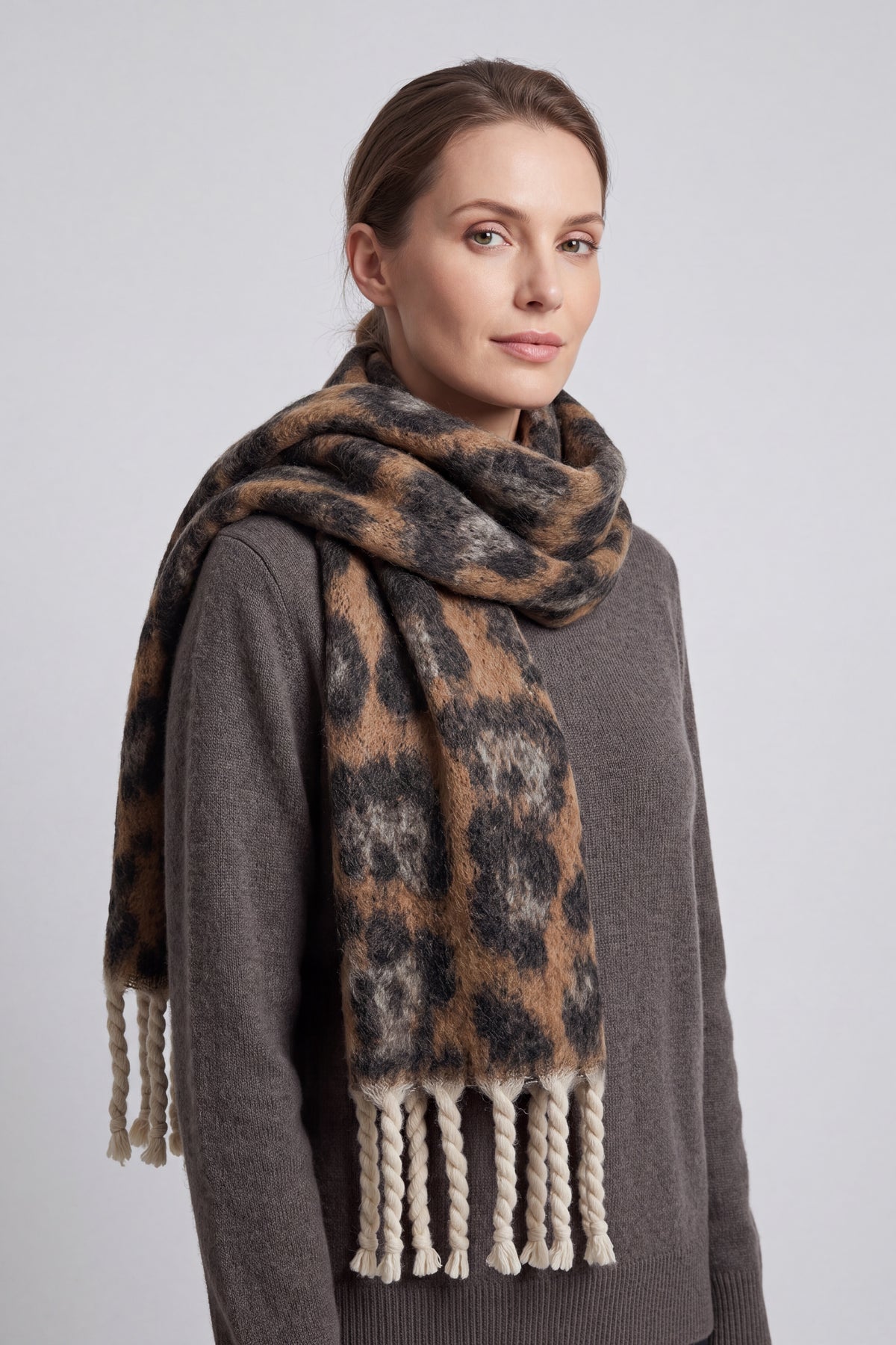 Leopard Pattern Soft Touch Scarf with Twisted Fringe