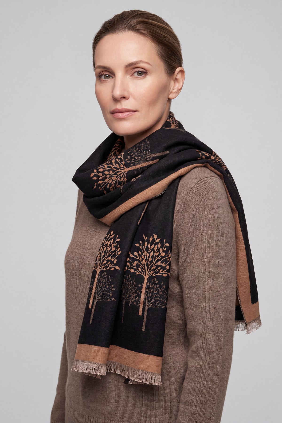 Reversible Tree-Pattern Jacquard Scarf with Soft Drape