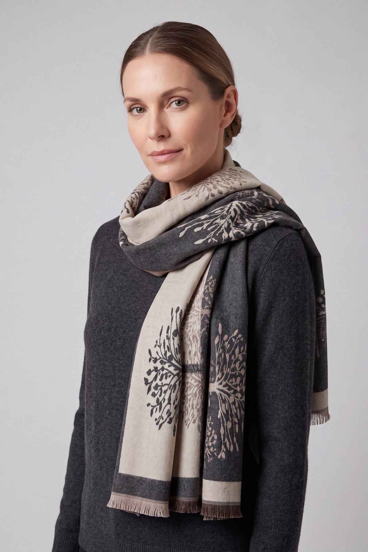 Reversible Tree-Pattern Jacquard Scarf with Soft Drape