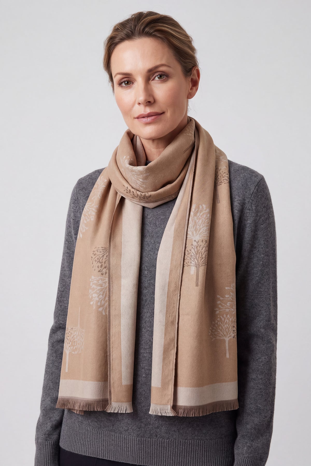 Reversible Tree-Pattern Jacquard Scarf with Soft Drape