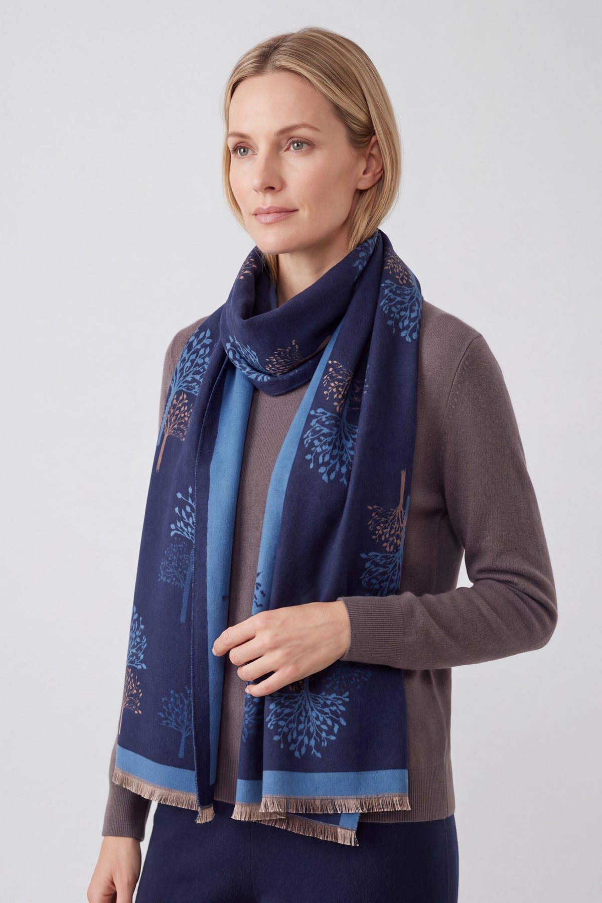 Reversible Tree-Pattern Jacquard Scarf with Soft Drape
