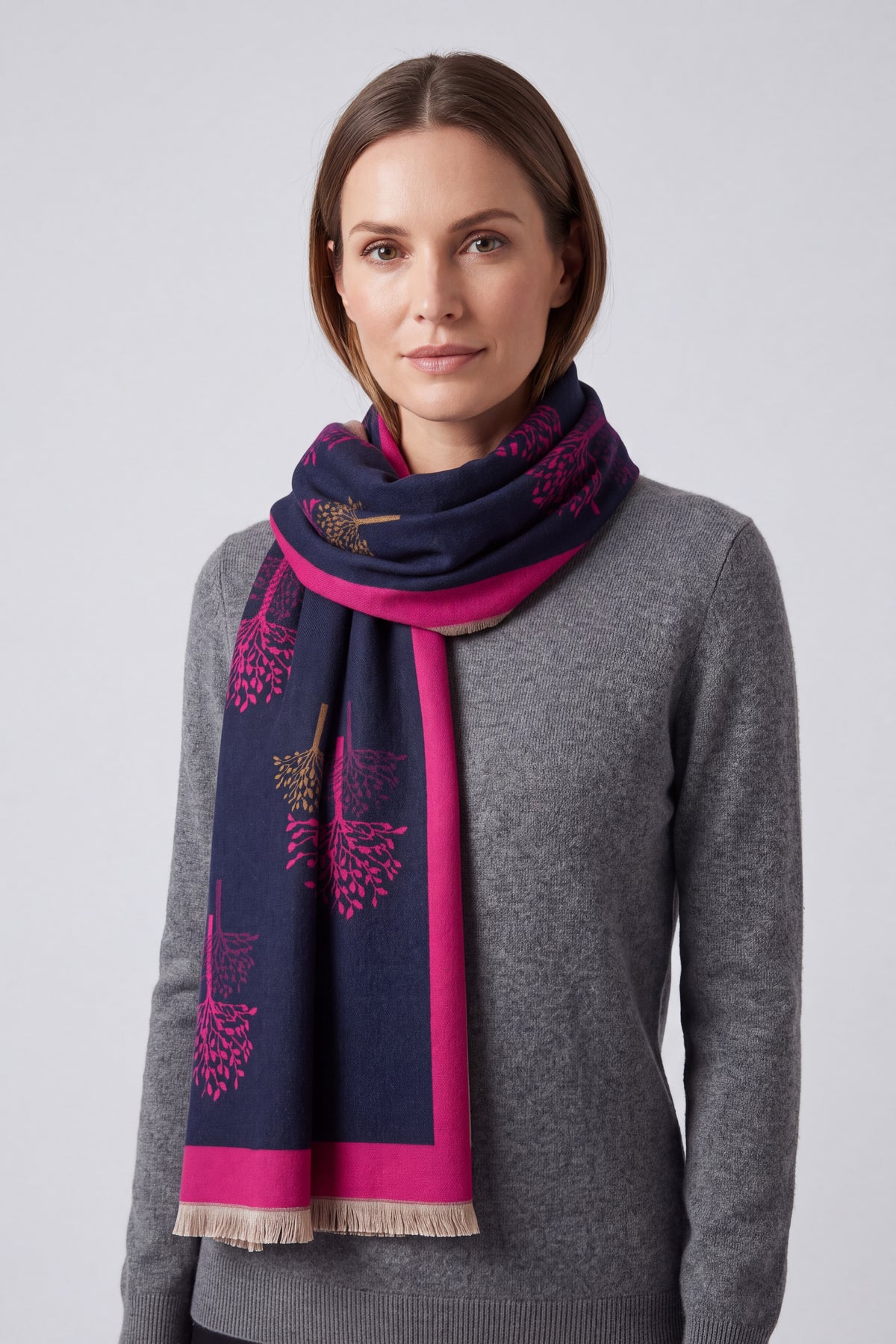 Reversible Tree-Pattern Jacquard Scarf with Soft Drape